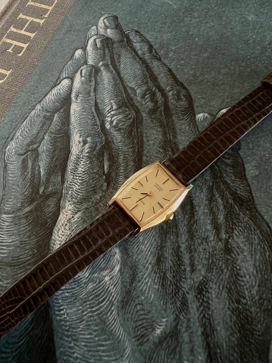 Citizen Rectangular Gold Toned Watch with Leather Strap