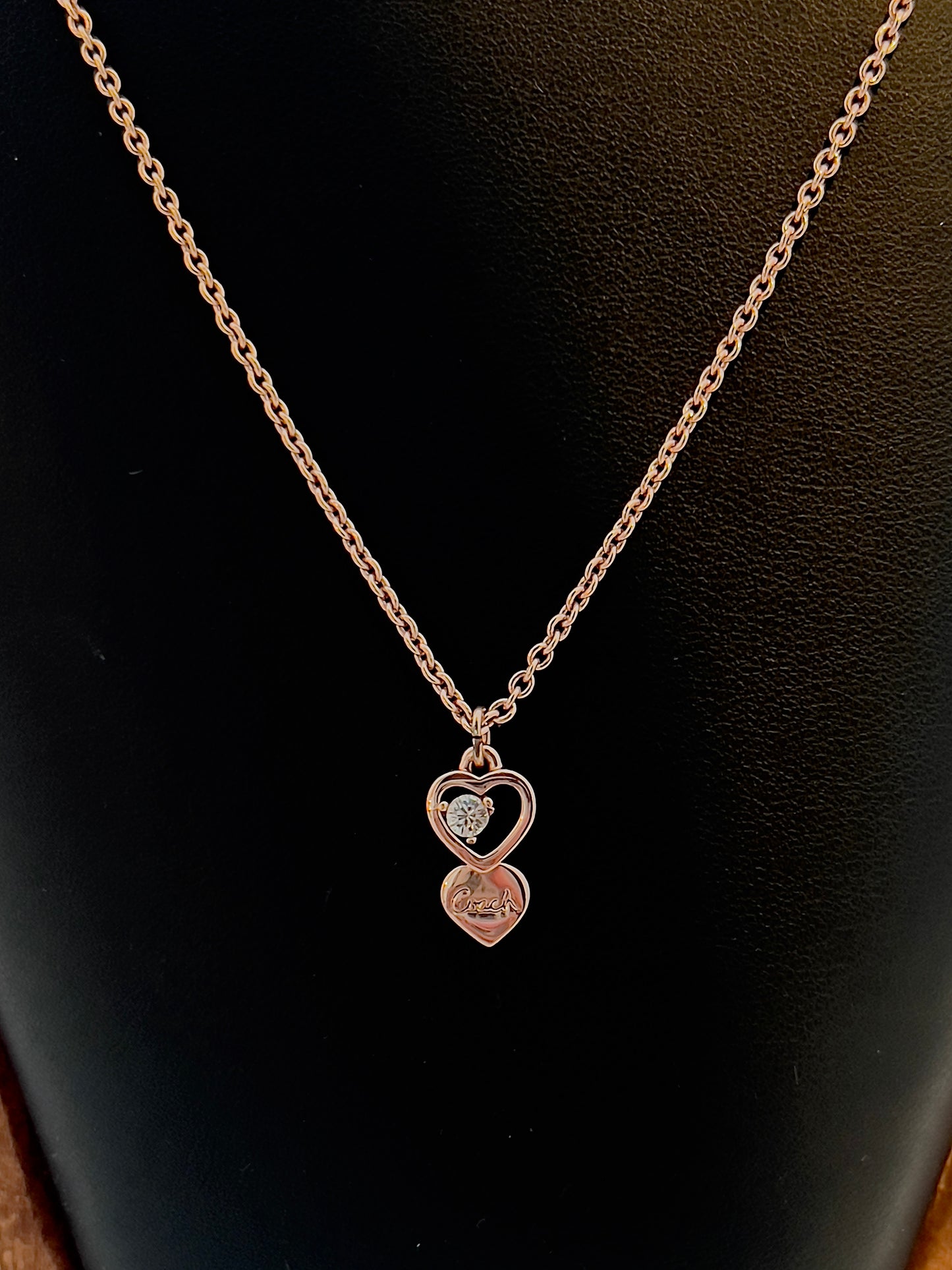 Coach Double Heart Pendant Rose Gold Tone Necklace