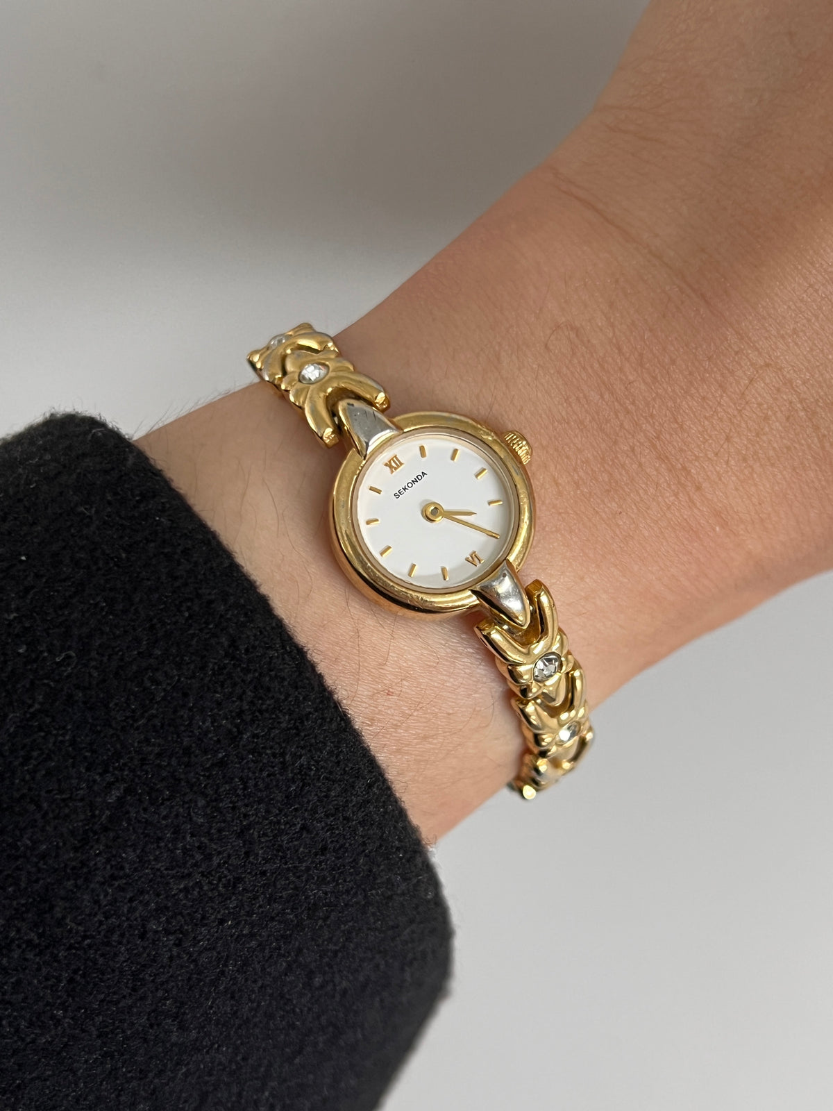 Sekonda gold tone crystal accent link bracelet watch with white dial; product image 4.