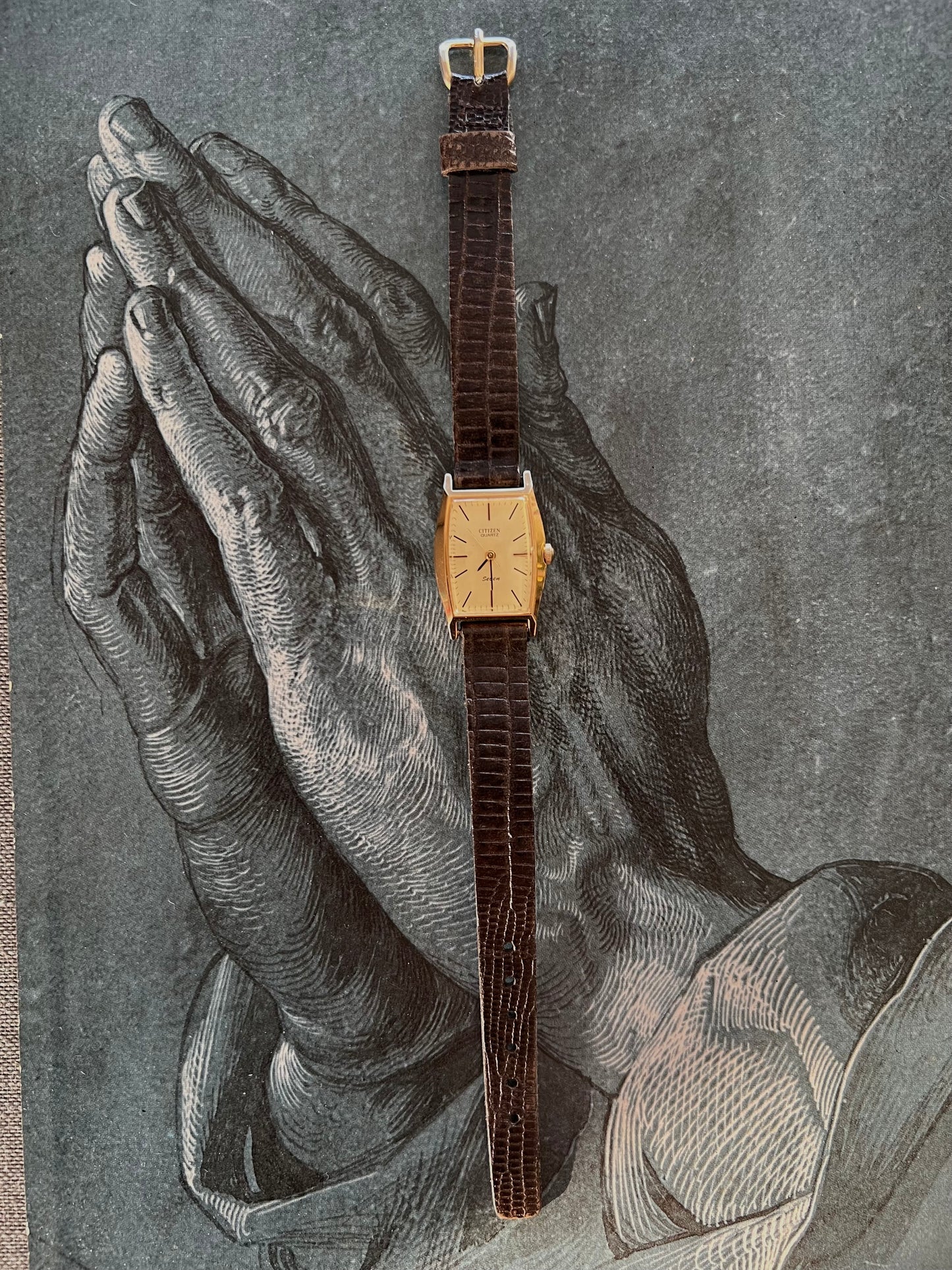 Citizen Rectangular Gold Toned Watch with Leather Strap