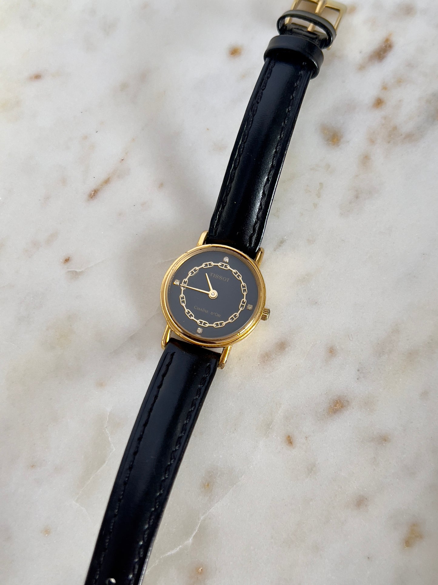Tissot Chaîne d’Or Ladies Watch – Black Dial, Gold Case, Leather Strap