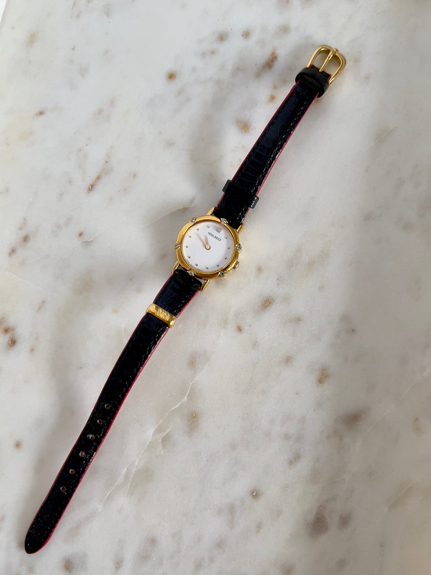 Nina Ricci x Seiko Ladies Vintage Watch – Gold Case, Crystal Accents, Black Leather Strap
