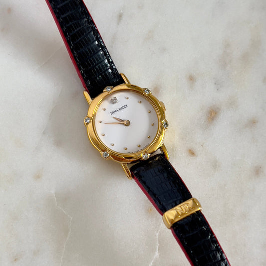 Nina Ricci x Seiko Ladies Vintage Watch – Gold Case, Crystal Accents, Black Leather Strap