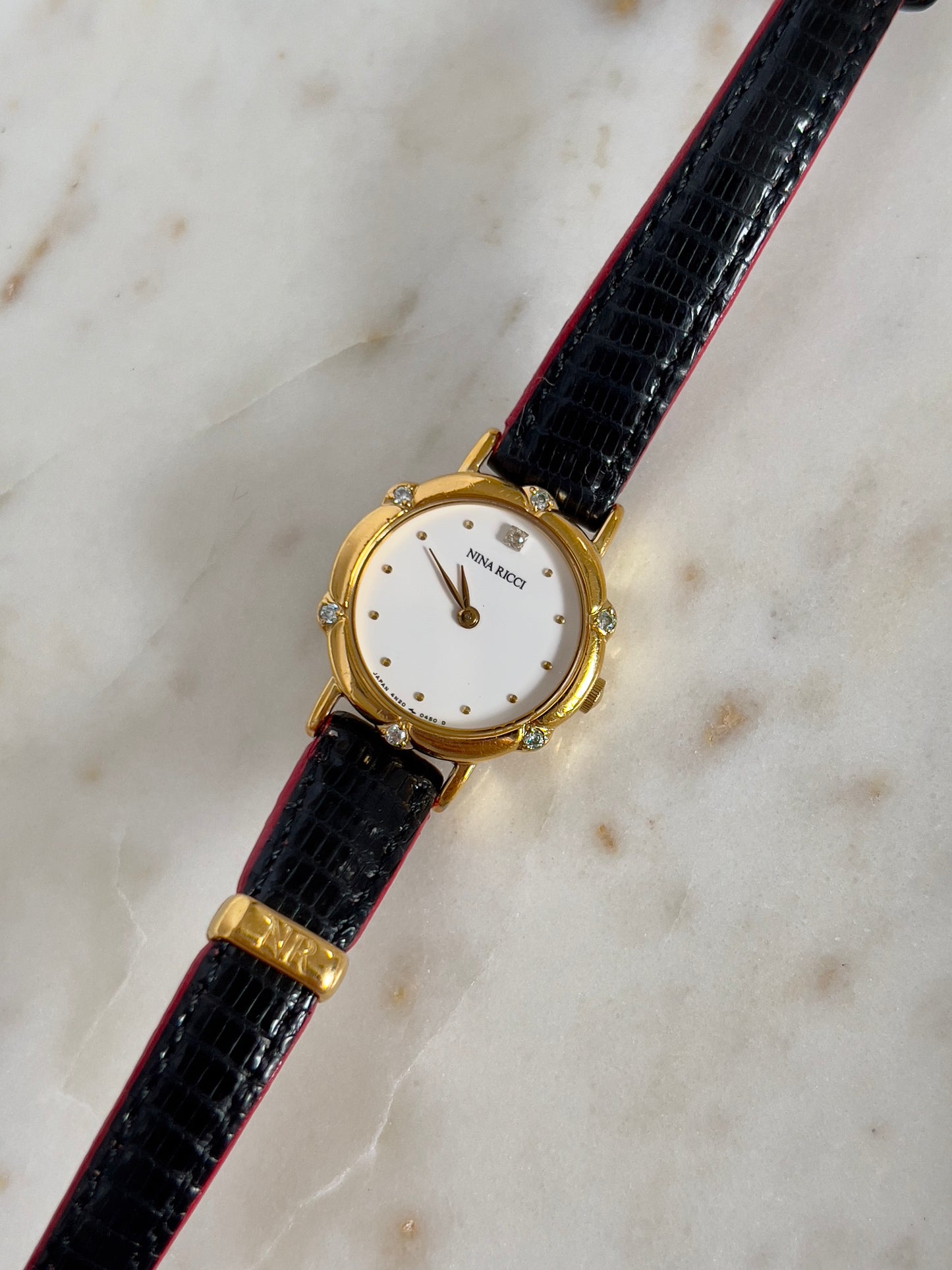 Nina Ricci x Seiko Ladies Vintage Watch – Gold Case, Crystal Accents, Black Leather Strap