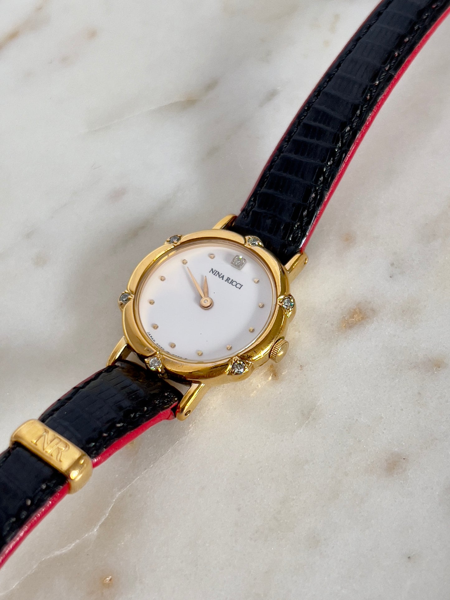 Nina Ricci x Seiko Ladies Vintage Watch – Gold Case, Crystal Accents, Black Leather Strap