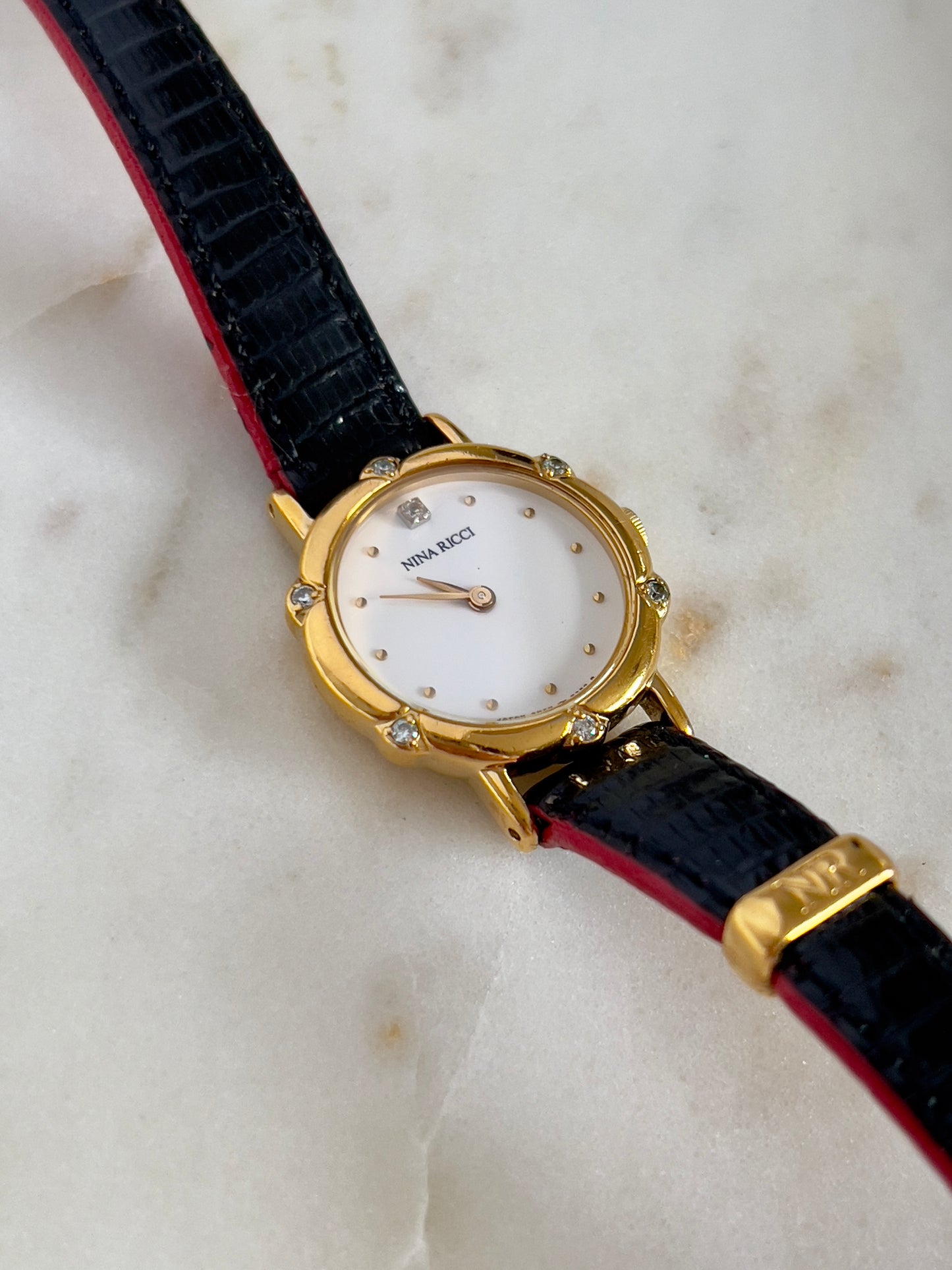 Nina Ricci x Seiko Ladies Vintage Watch – Gold Case, Crystal Accents, Black Leather Strap