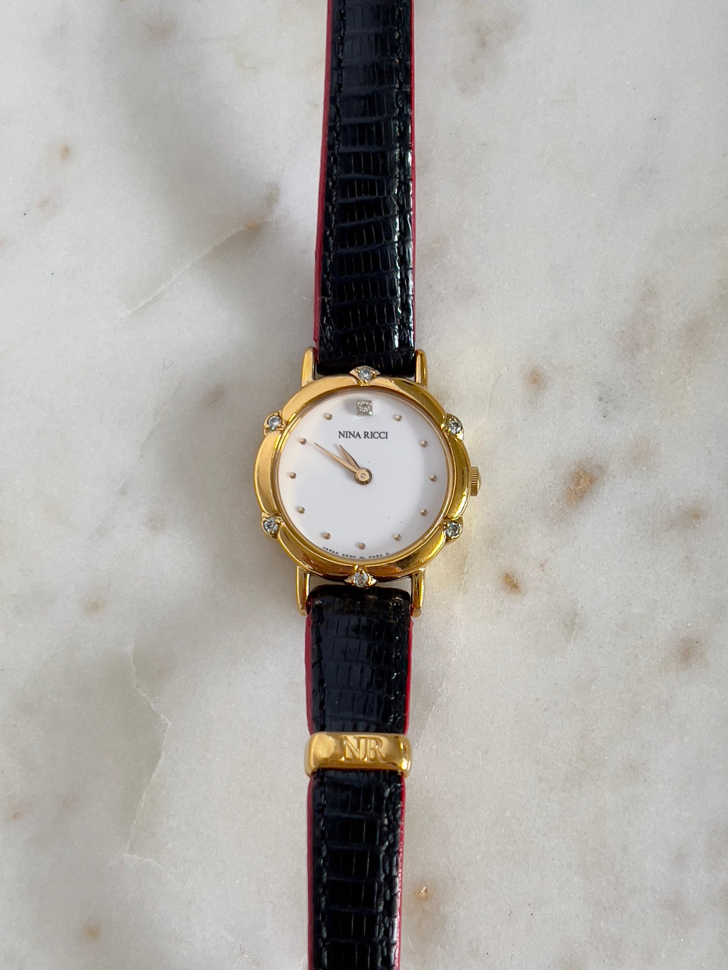 Nina Ricci x Seiko Ladies Vintage Watch – Gold Case, Crystal Accents, Black Leather Strap