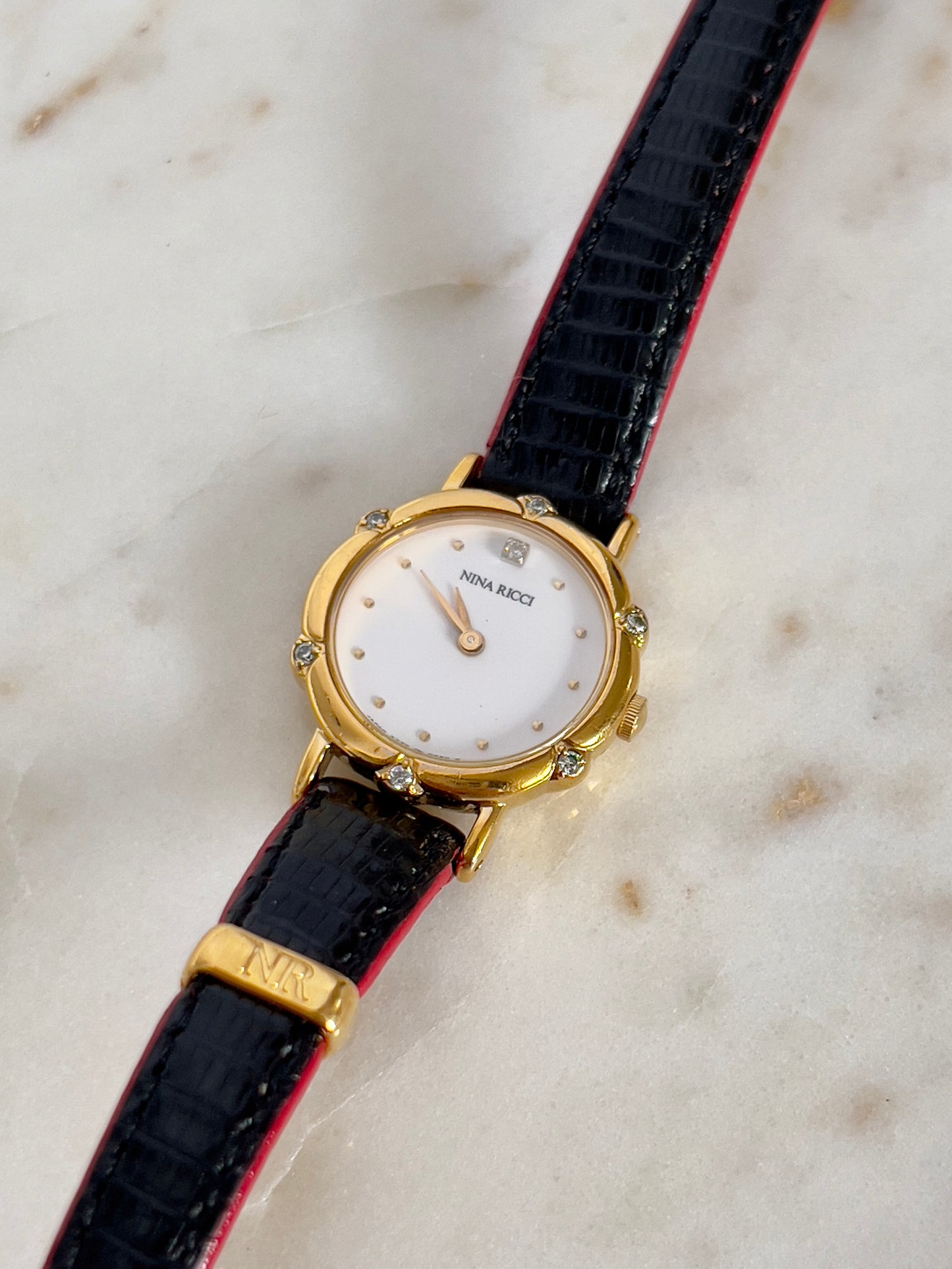 Nina Ricci x Seiko Ladies Vintage Watch – Gold Case, Crystal Accents, Black Leather Strap