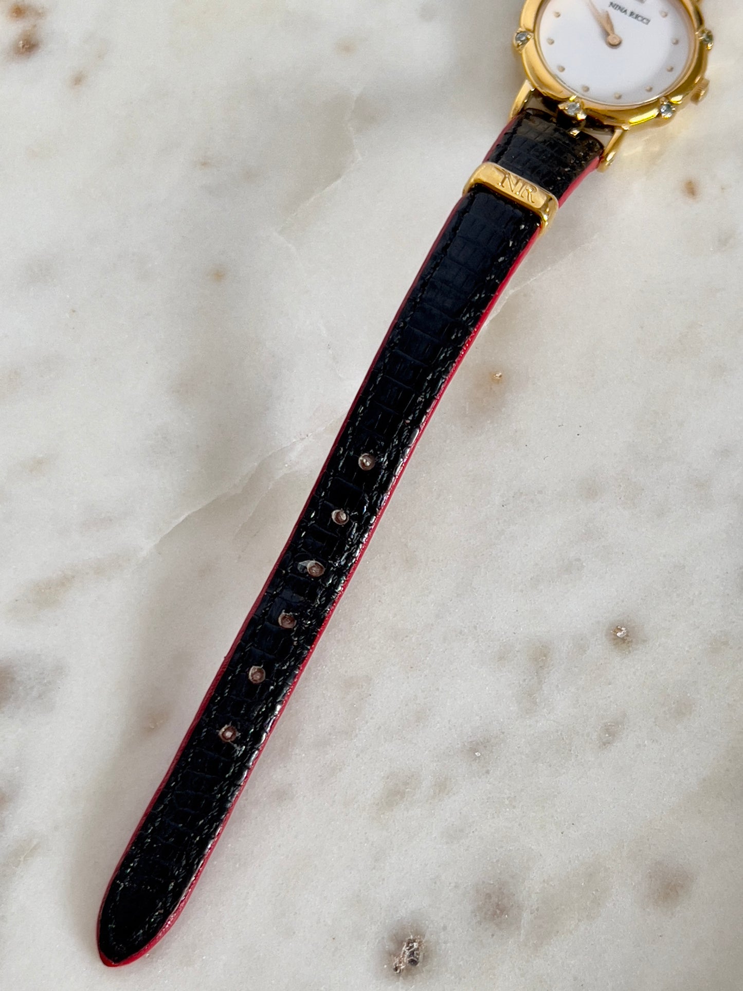 Nina Ricci x Seiko Ladies Vintage Watch – Gold Case, Crystal Accents, Black Leather Strap