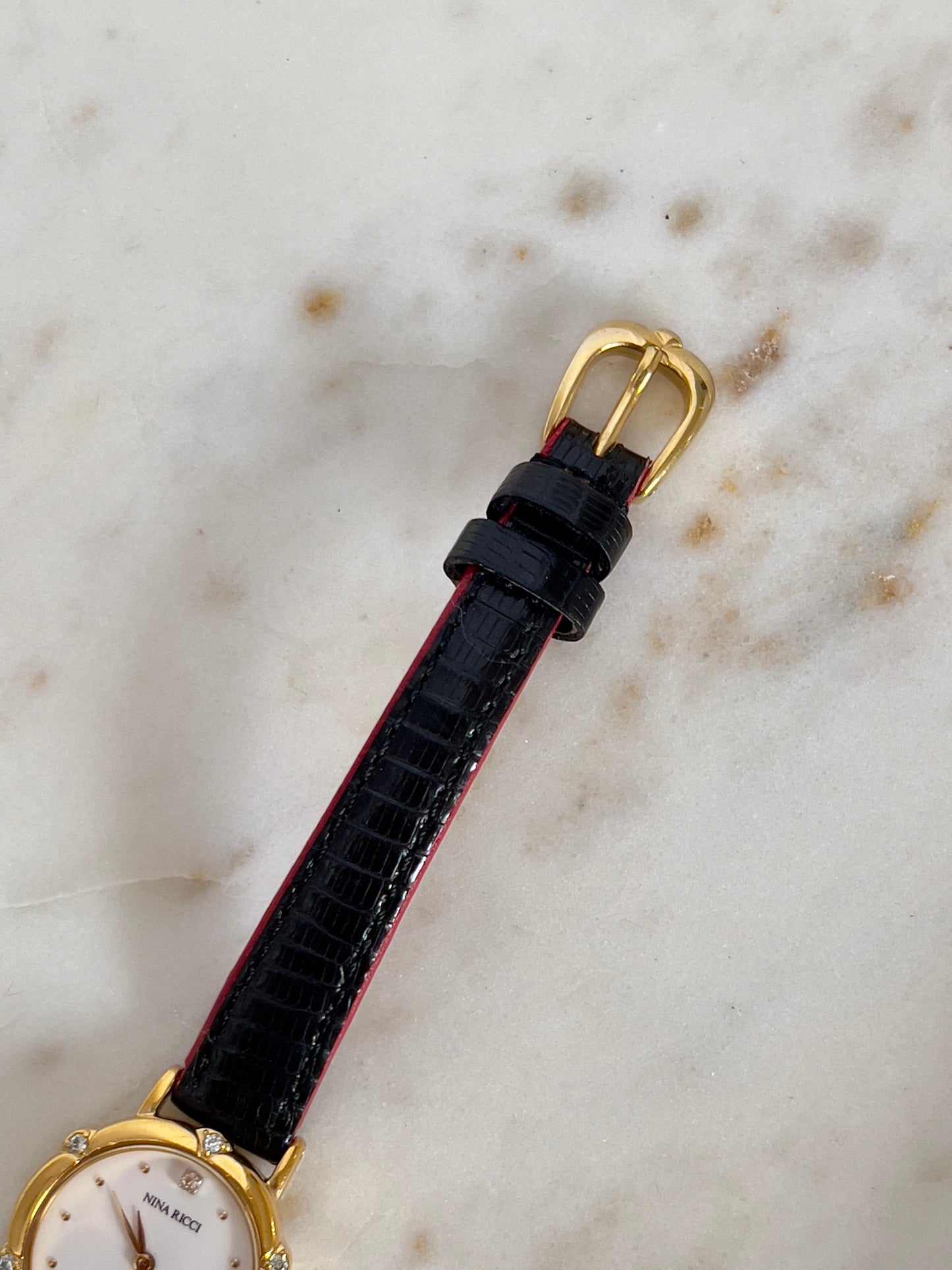 Nina Ricci x Seiko Ladies Vintage Watch – Gold Case, Crystal Accents, Black Leather Strap