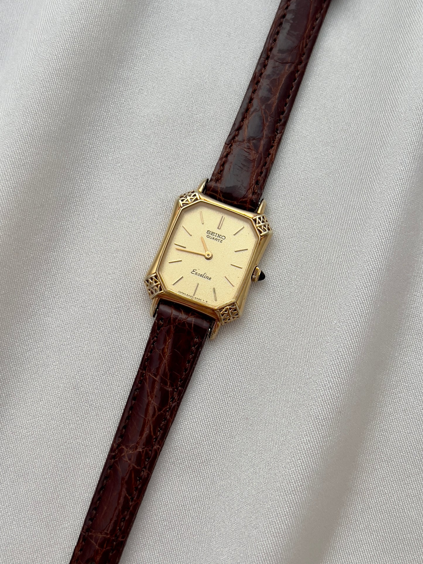 Seiko Exceline Gold Tank Ladies Watch with Unique Ornate Case