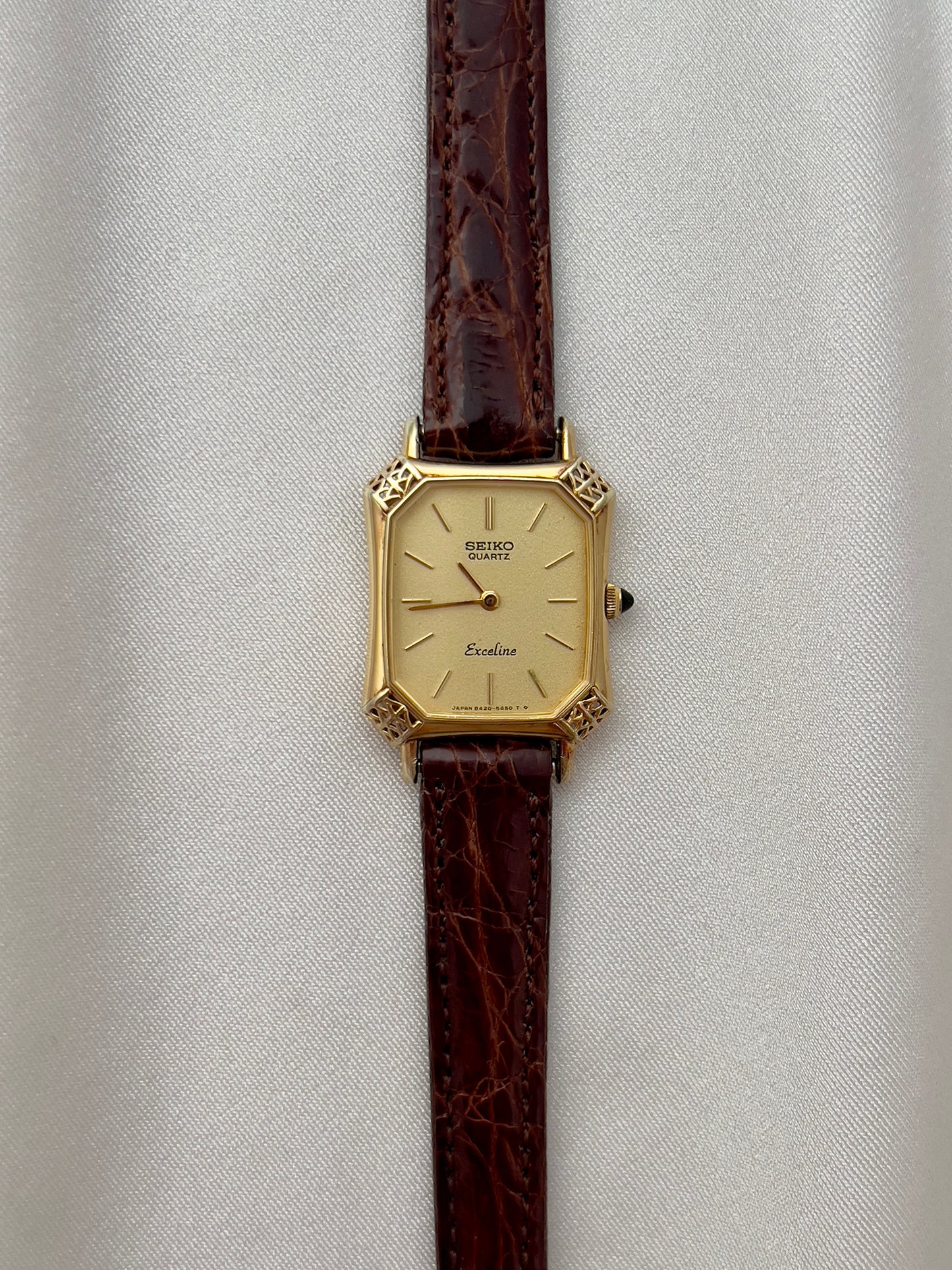 Seiko Exceline Gold Tank Ladies Watch with Unique Ornate Case