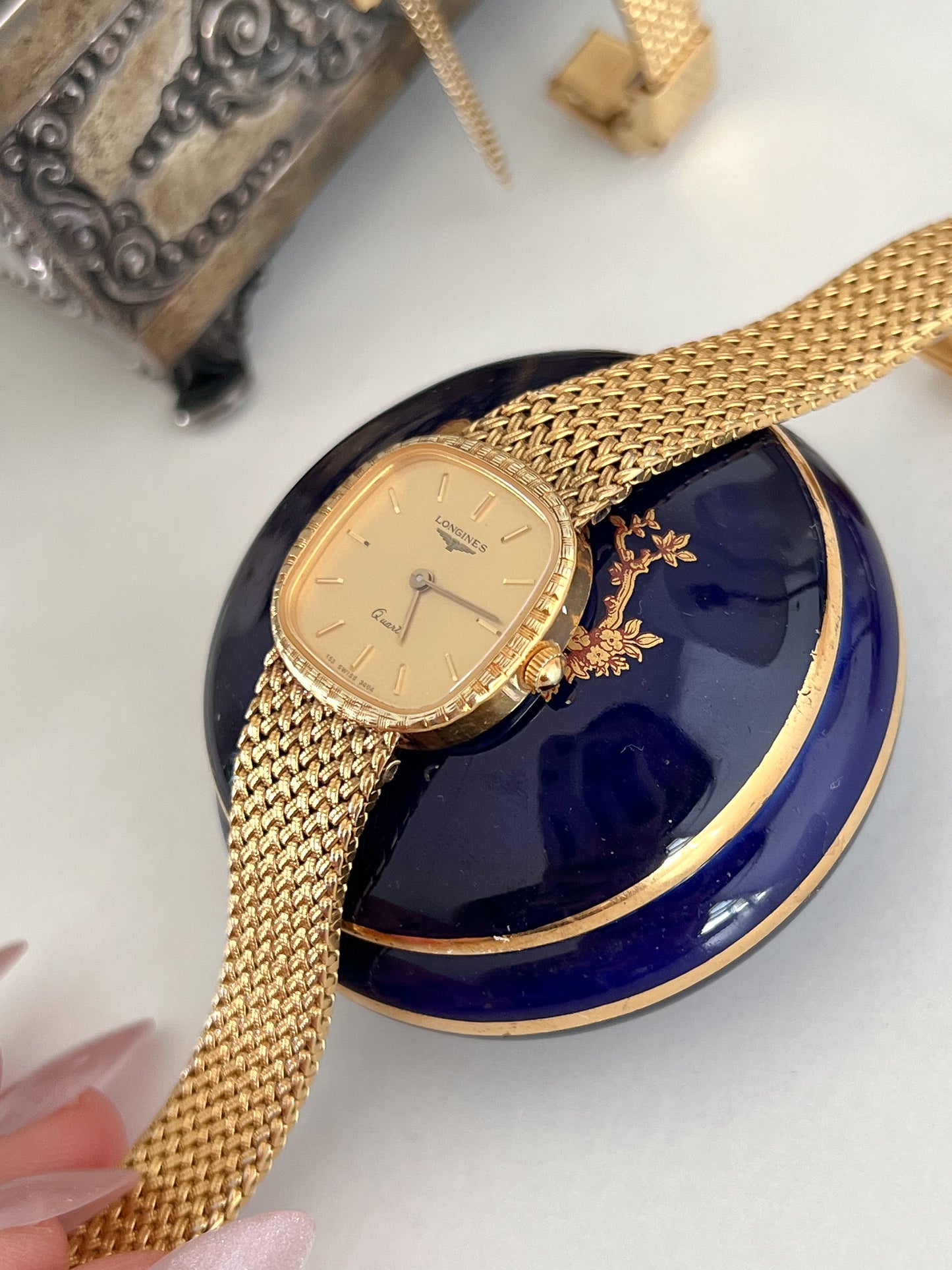 Longines Textured Gold Watch with Woven Bracelet