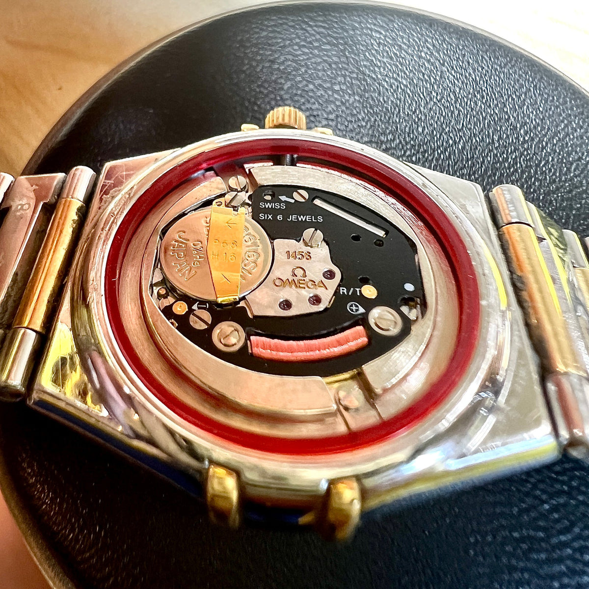 Omega Constellation Two Tone Women's Watch with Mother of Pearl Dial, angled view of a vintage women's watch at Gilded Hour.