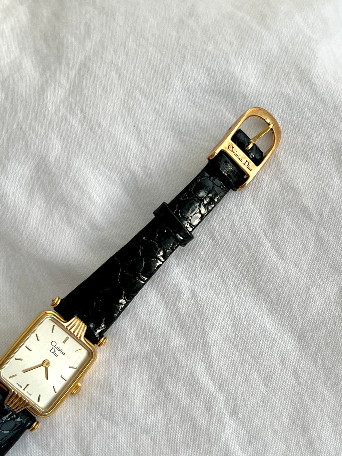 Christian Dior Fluted Case Women’s Watch, bracelet detail of a vintage women's watch at Gilded Hour.