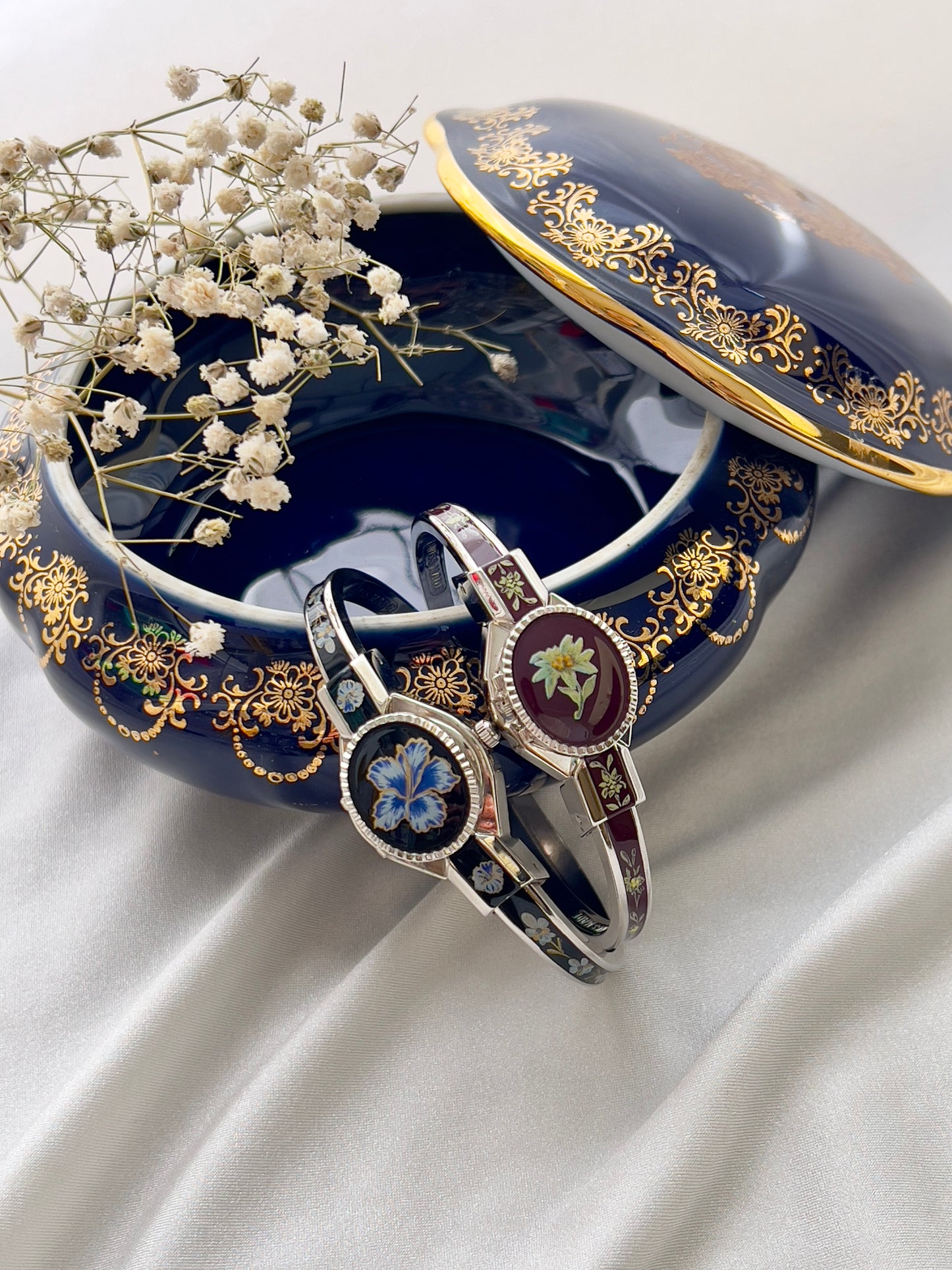 André Mouche Flower Yellow Burgundy Enamel Peek A Boo Watch