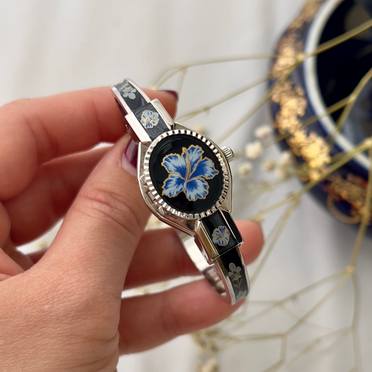 Andre Mouché Rose White Blue Black Enamel Peek A Boo Watch