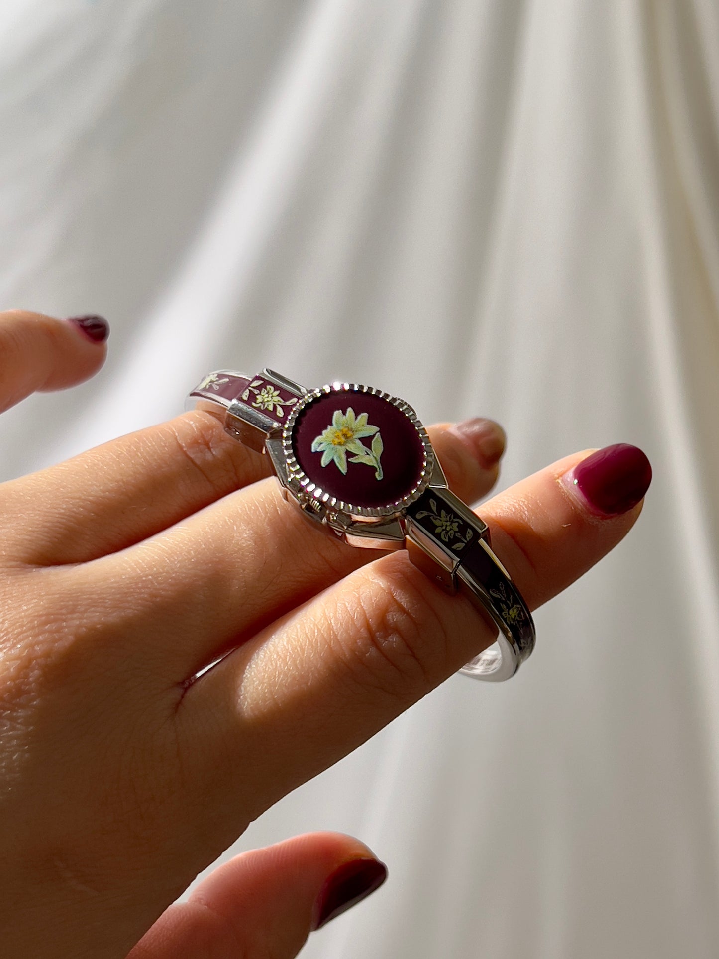 André Mouche Flower Yellow Burgundy Enamel Peek A Boo Watch