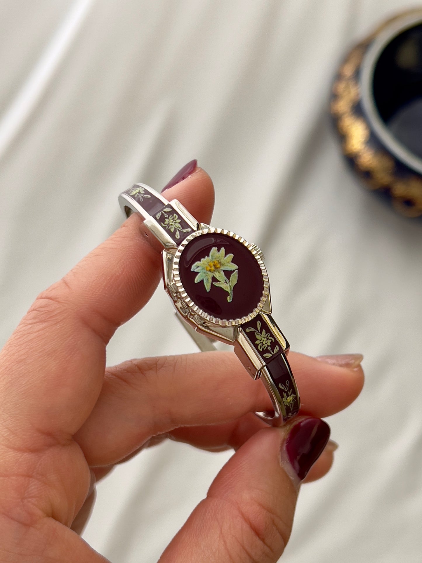 André Mouche Flower Yellow Burgundy Enamel Peek A Boo Watch