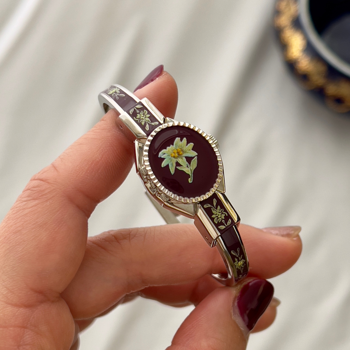 André Mouche Flower Yellow Burgundy Enamel Peek A Boo Watch