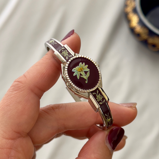 André Mouche Flower Yellow Burgundy Enamel Peek A Boo Watch