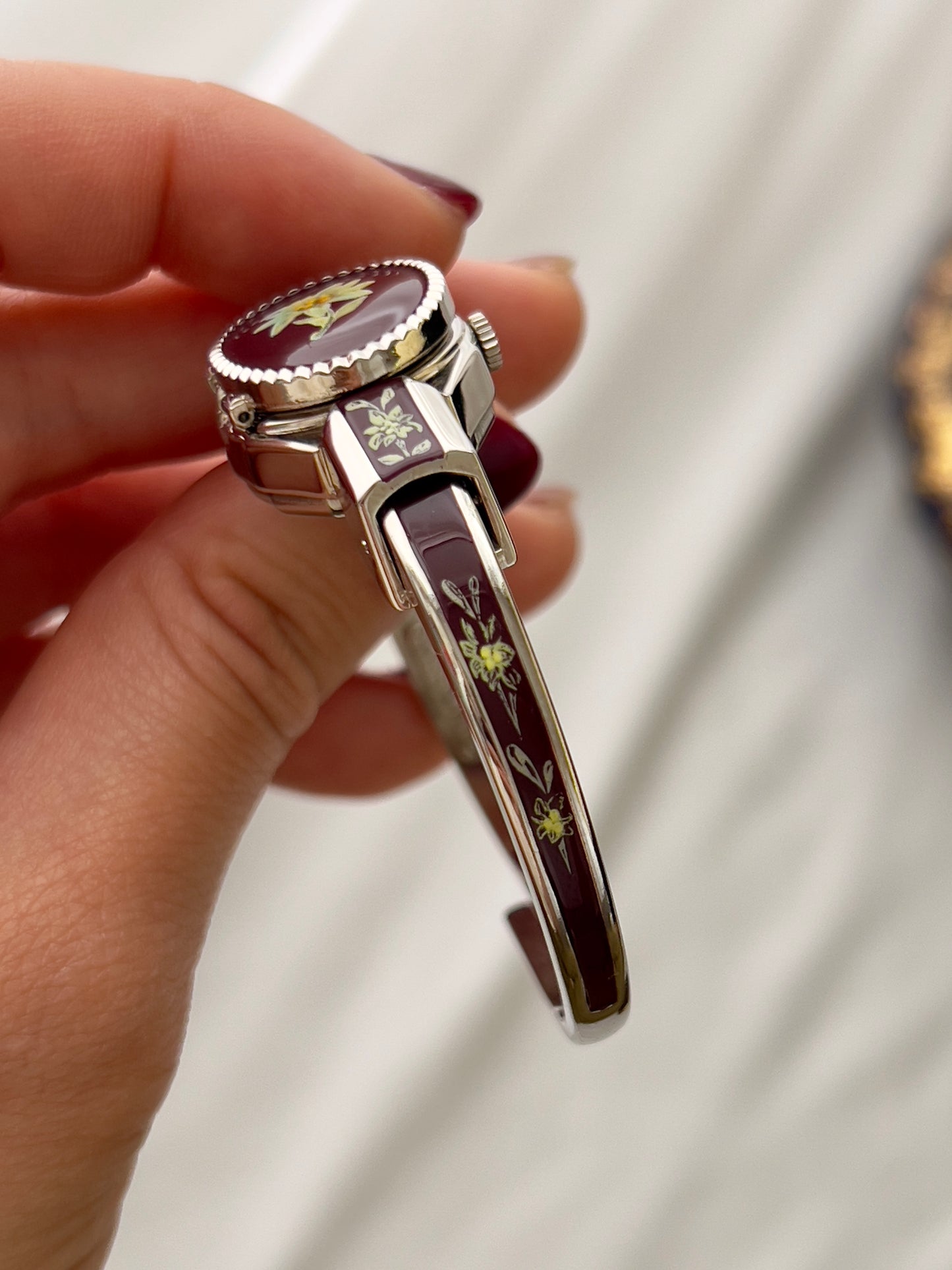 André Mouche Flower Yellow Burgundy Enamel Peek A Boo Watch