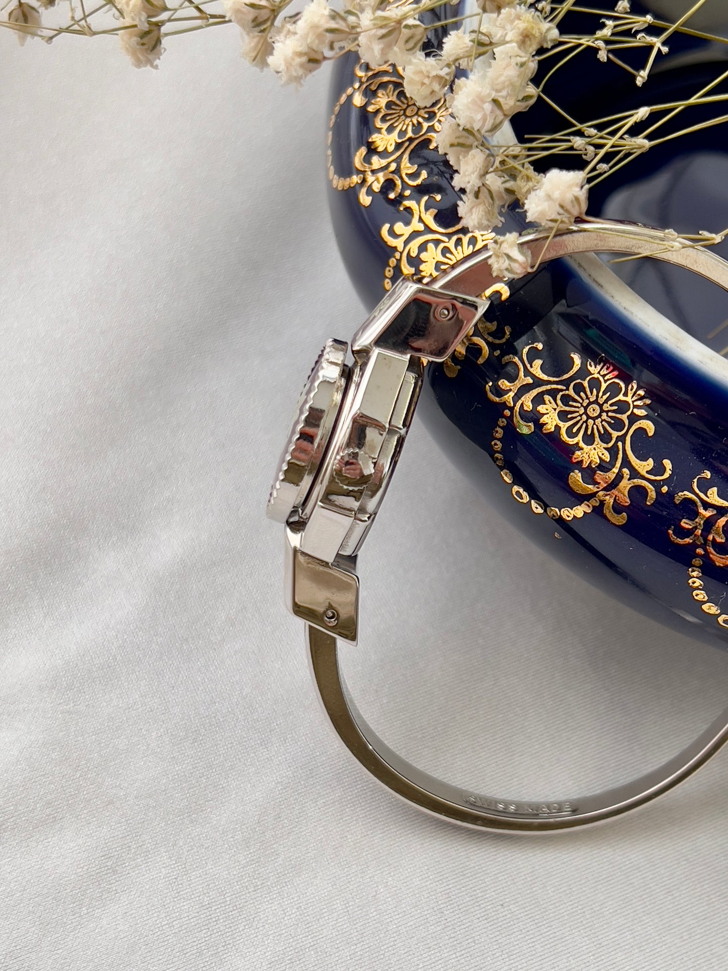 André Mouche Flower Yellow Burgundy Enamel Peek A Boo Watch