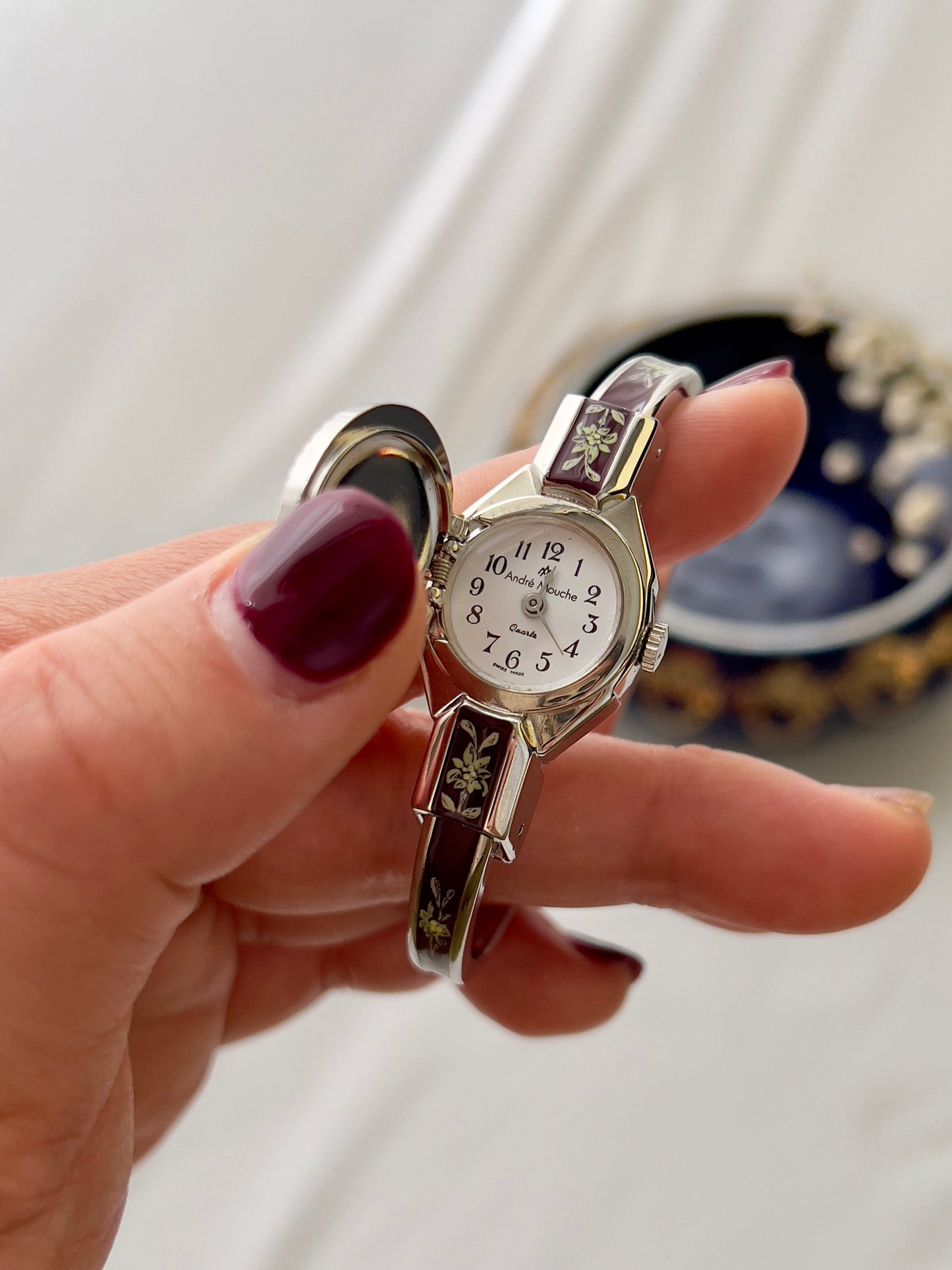 André Mouche Flower Yellow Burgundy Enamel Peek A Boo Watch