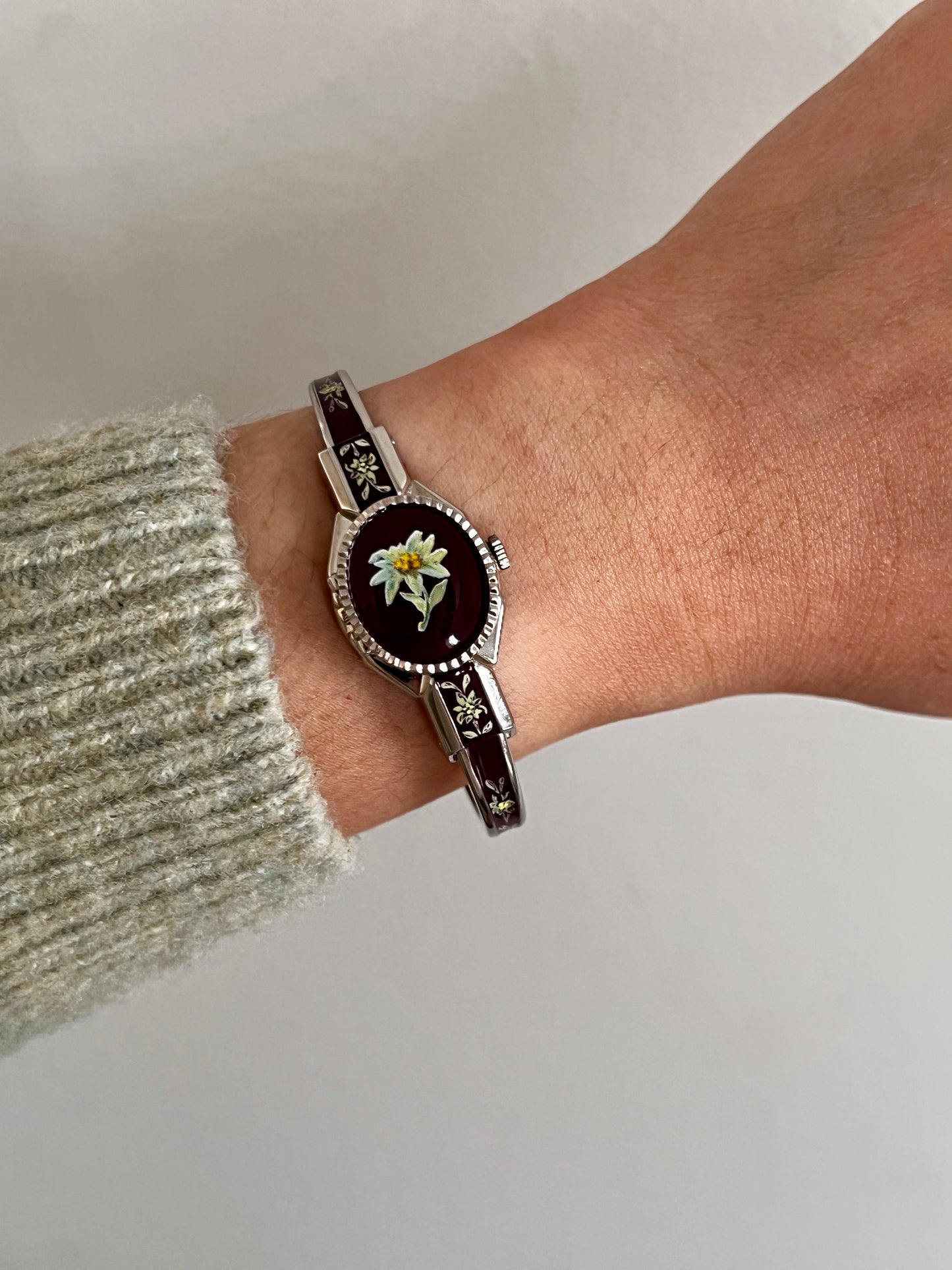 André Mouche Flower Yellow Burgundy Enamel Peek A Boo Watch