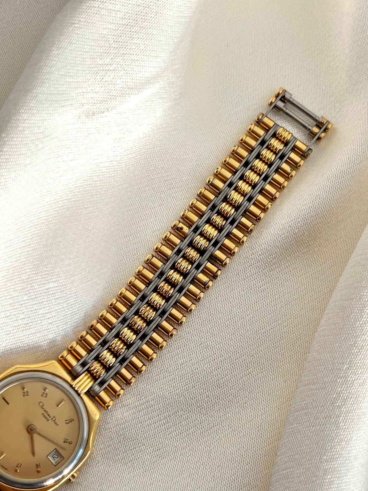 Christian Dior Two Tone Bracelet Women’s Watch 18k Gold Electroplated, bracelet detail of a vintage women's watch at Gilded Hour.