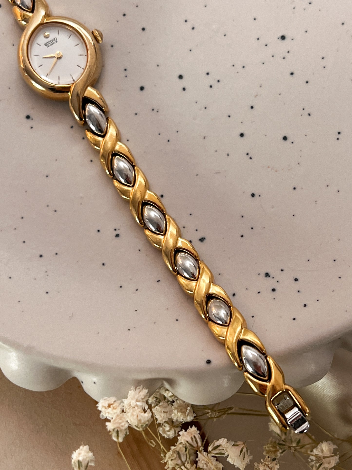 Seiko Gold Cased Women's Watch with Unique Dual Tone Bracelet
