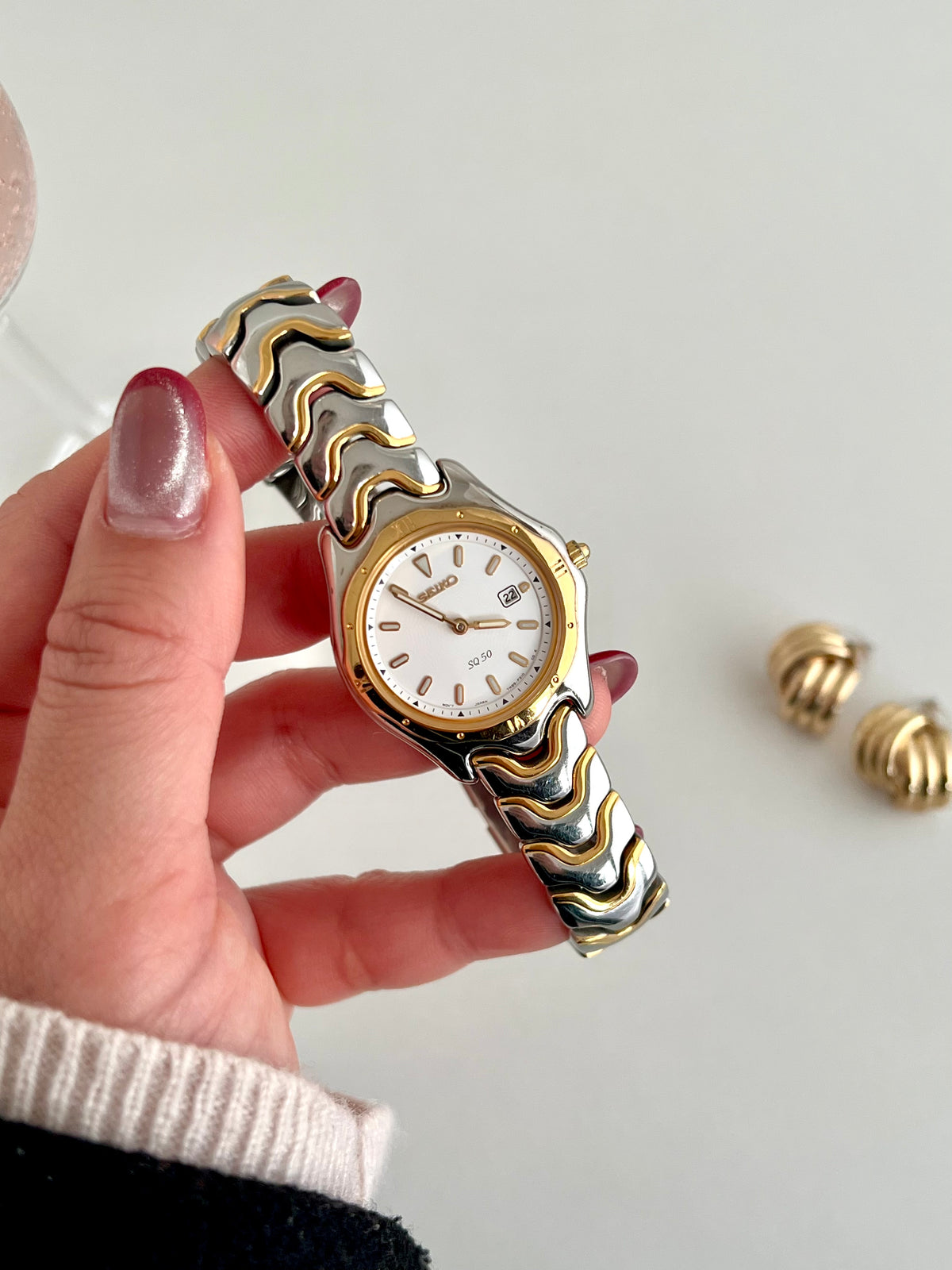 Seiko Two Tone Wave Bracelet Women’s Watch, case profile of a vintage women's watch at Gilded Hour.