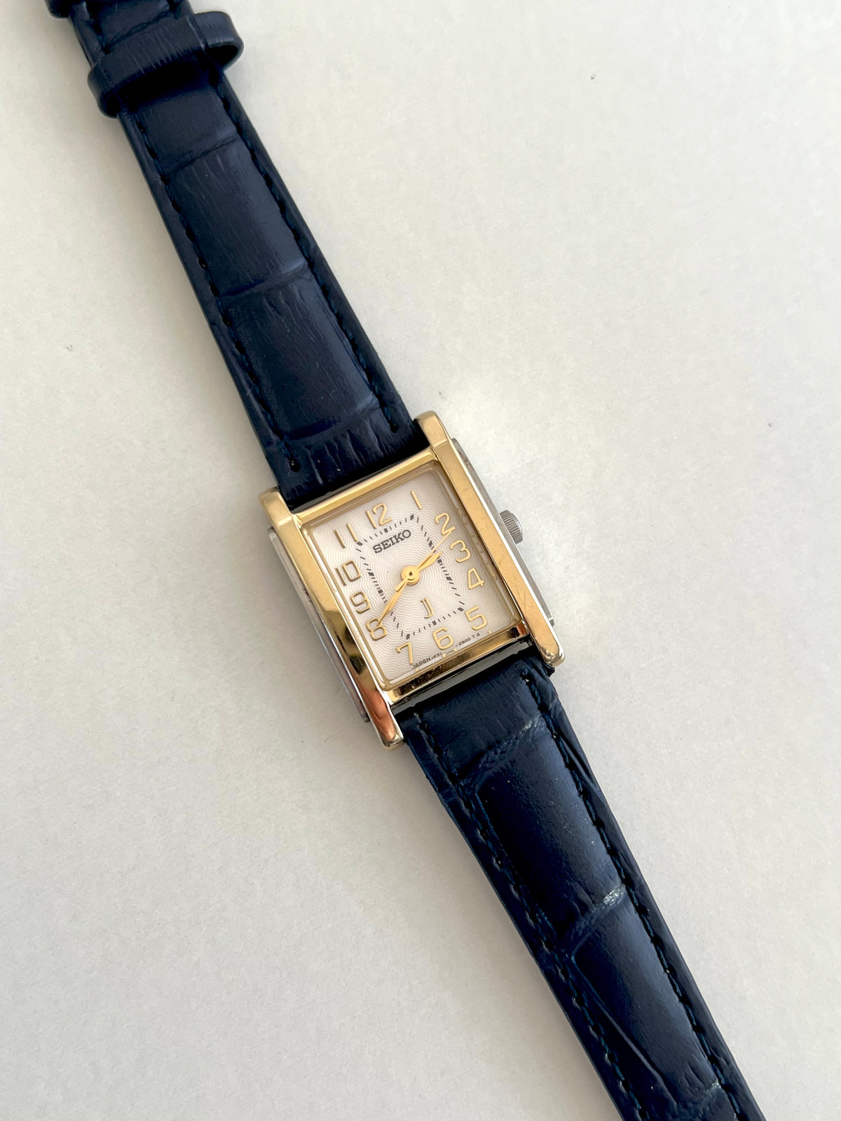 Seiko Two Tone Tank Women's Watch with Guilloche Dial, box set of a vintage women's watch at Gilded Hour.