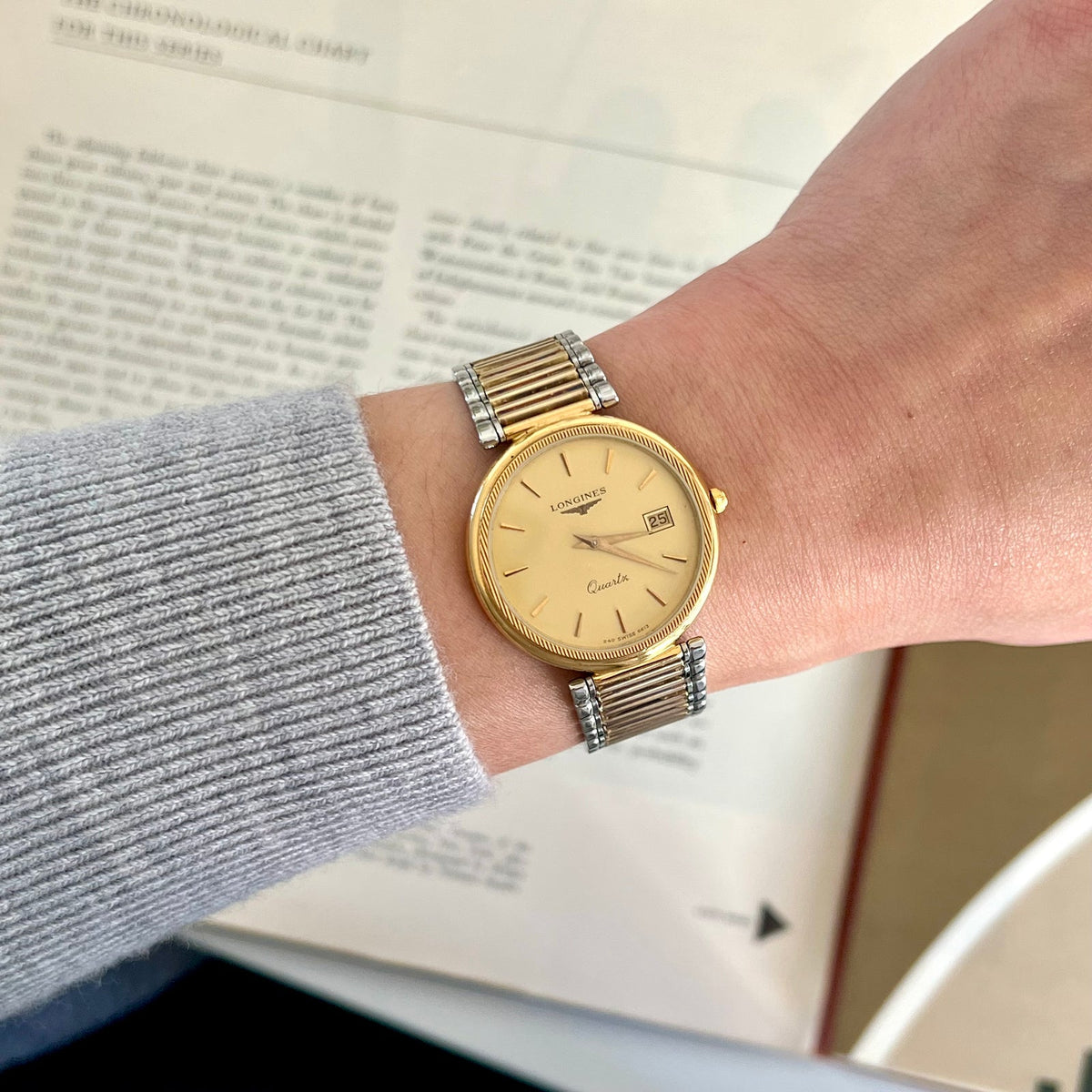 Longines Round Two Tone Unisex Watch, dial close up of a vintage women's watch at Gilded Hour.