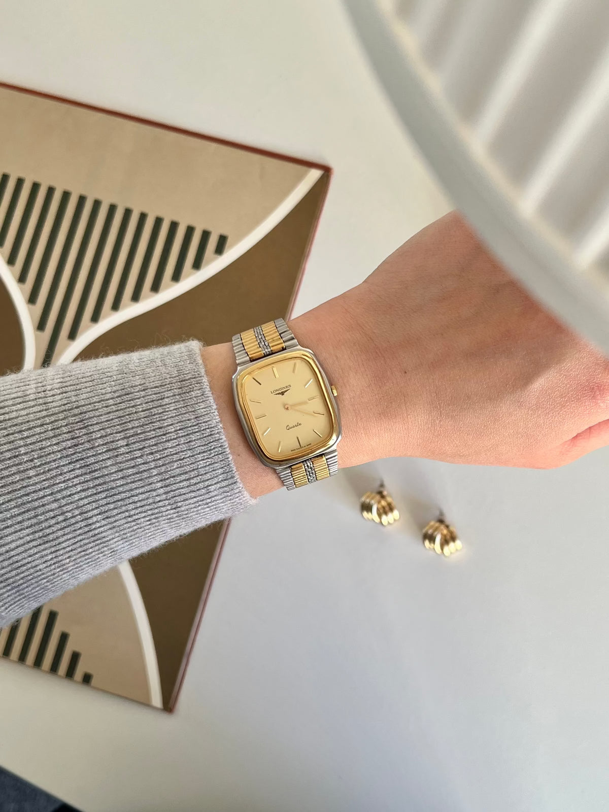 Longines Unisex Rectangular Two Tone Watch, box set of a vintage women's watch at Gilded Hour.