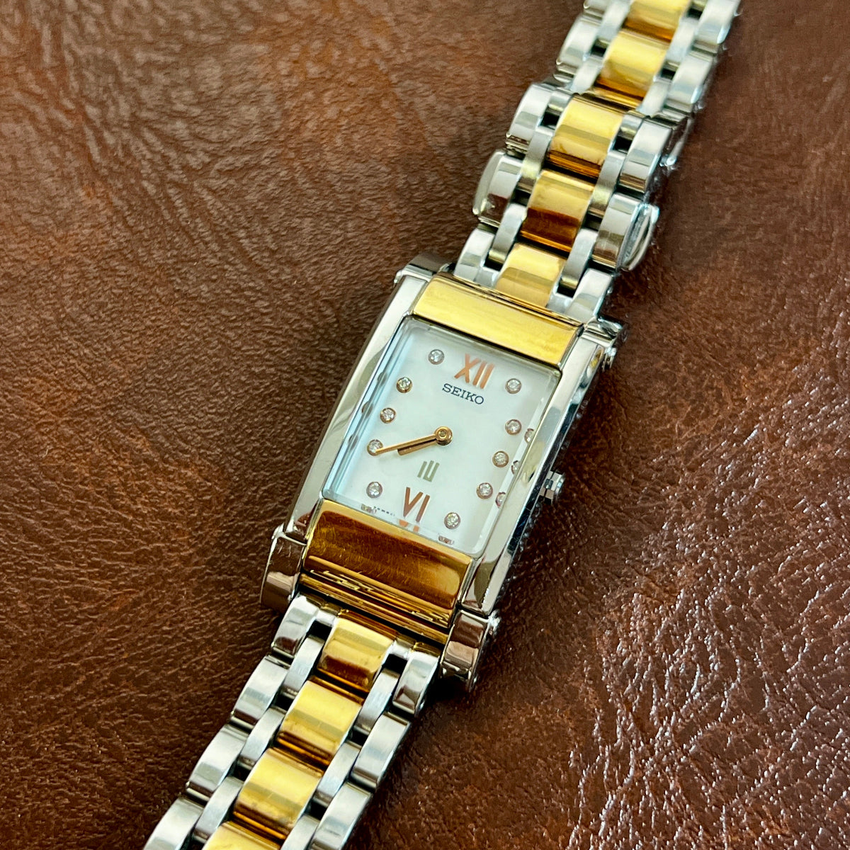 Seiko Two-Tone Tank Watch with Gemstone Hour Markers