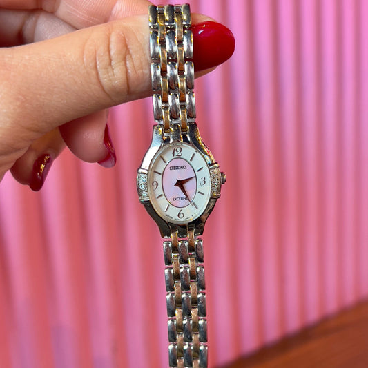 Seiko Woman's Watch with Pink Pearl Dial & Diamonds