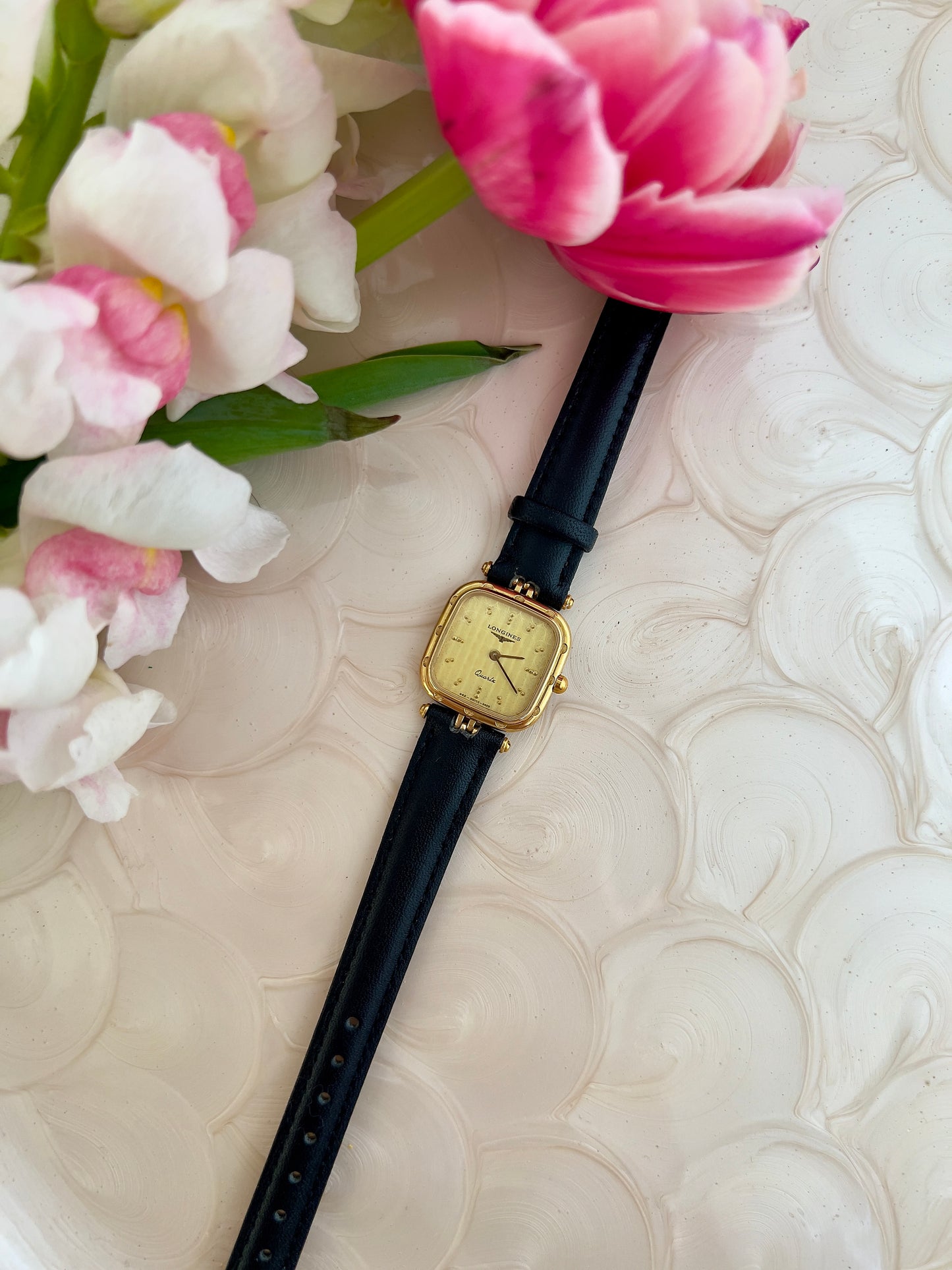 Ladies Longines Gold Scalloped Square Watch