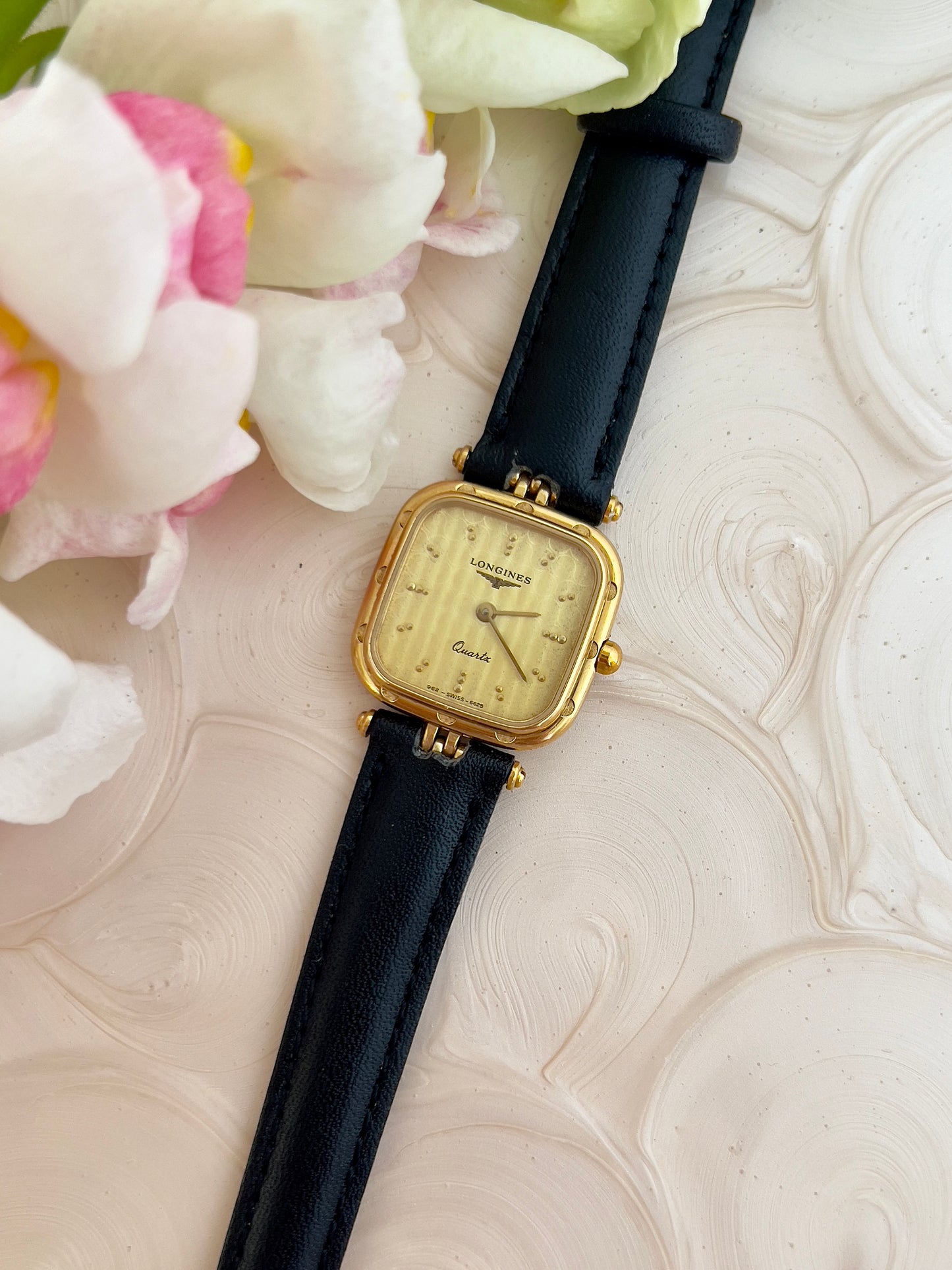 Ladies Longines Gold Scalloped Square Watch