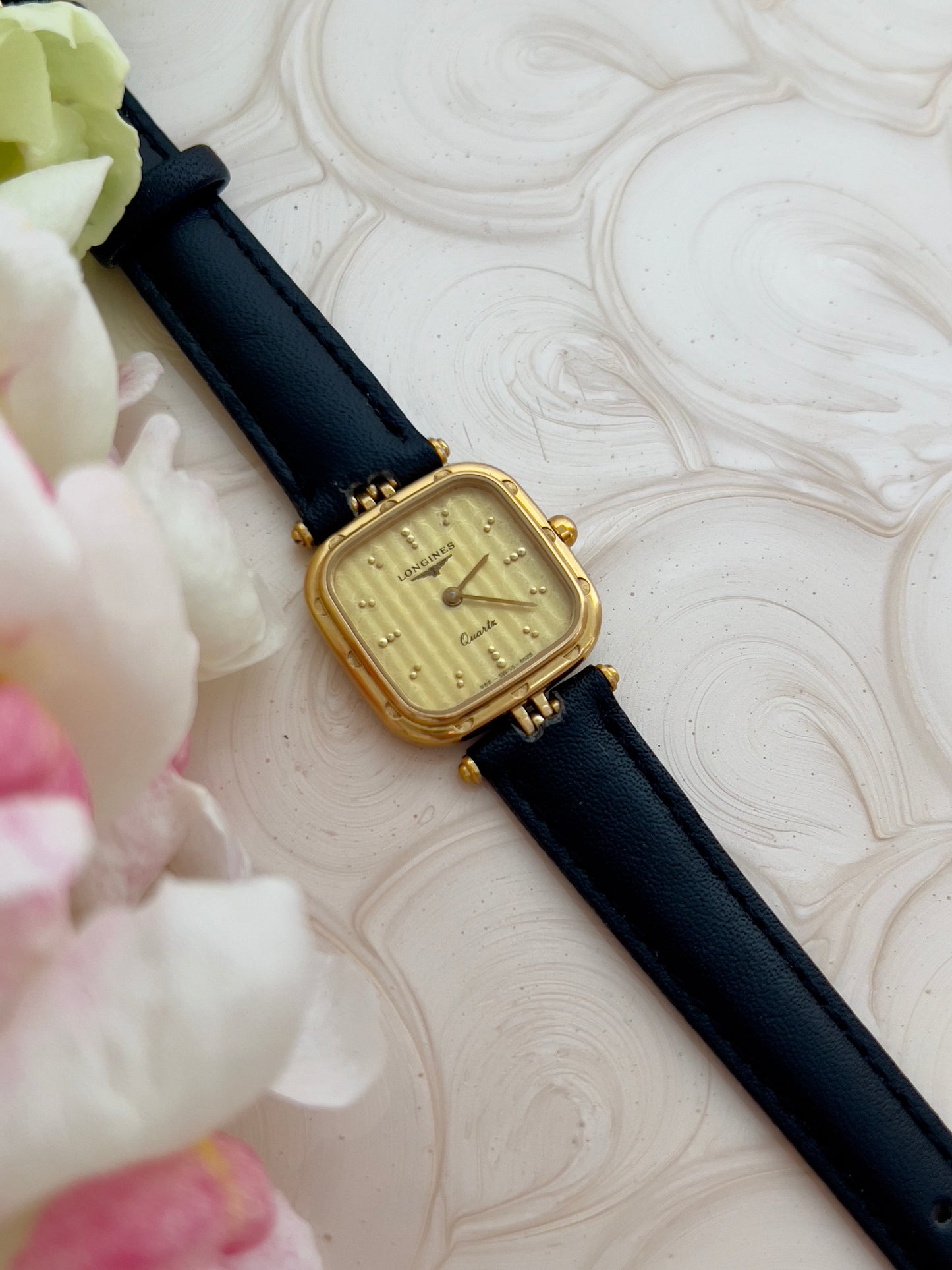 Ladies Longines Gold Scalloped Square Watch