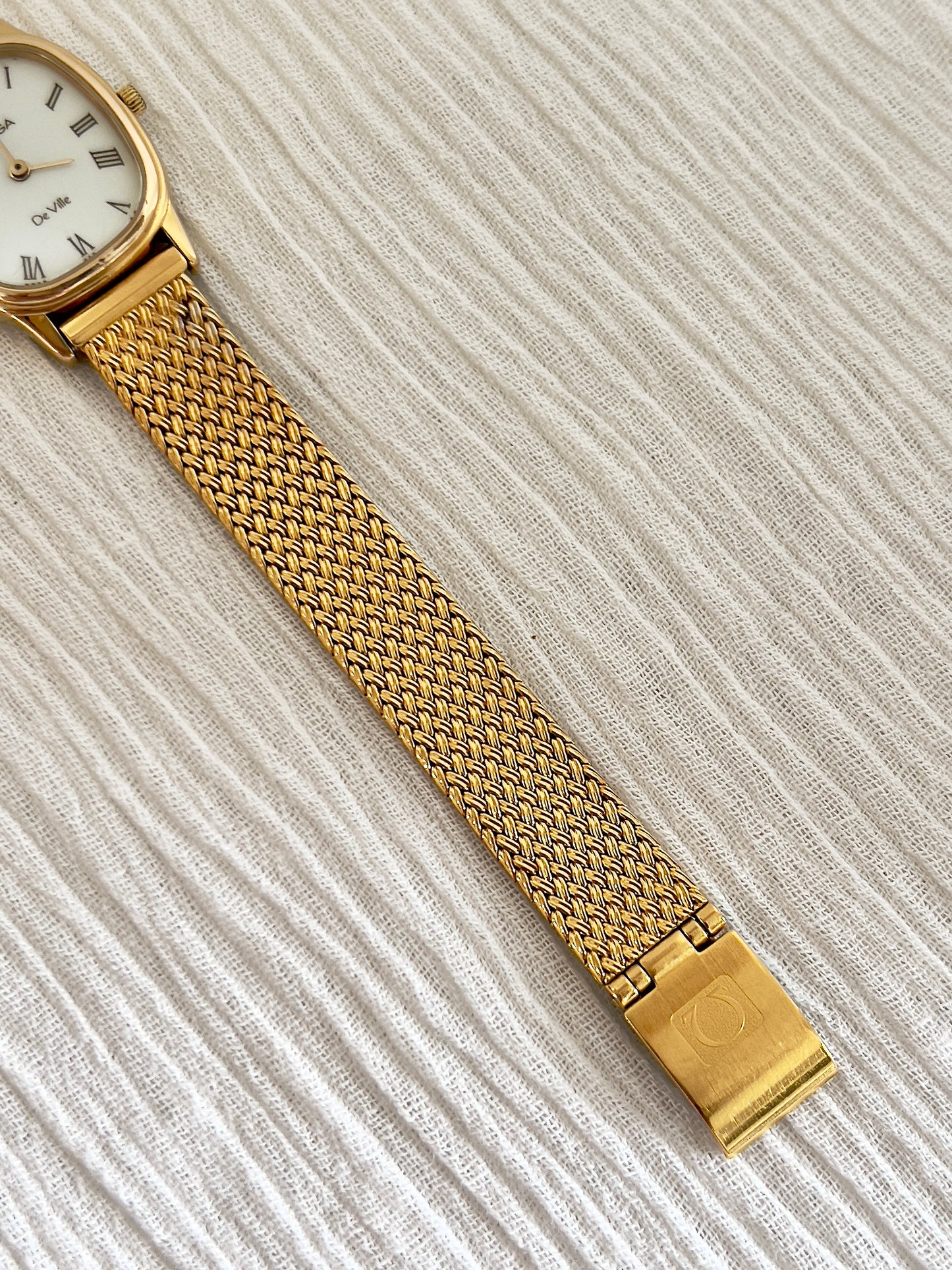 Omega De Ville Ladies Gold Mesh Bracelet Watch with Champagne Dial