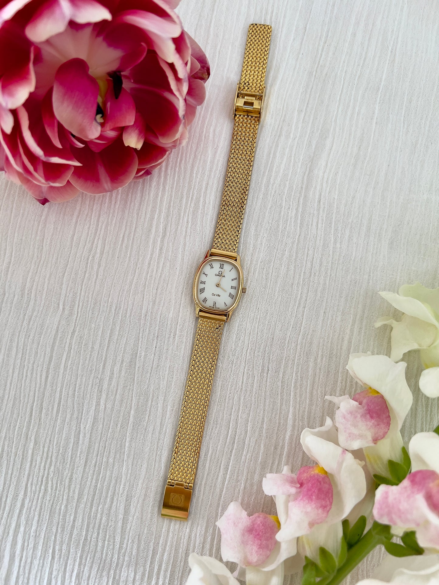 Omega De Ville Ladies Gold Mesh Bracelet Watch with Champagne Dial