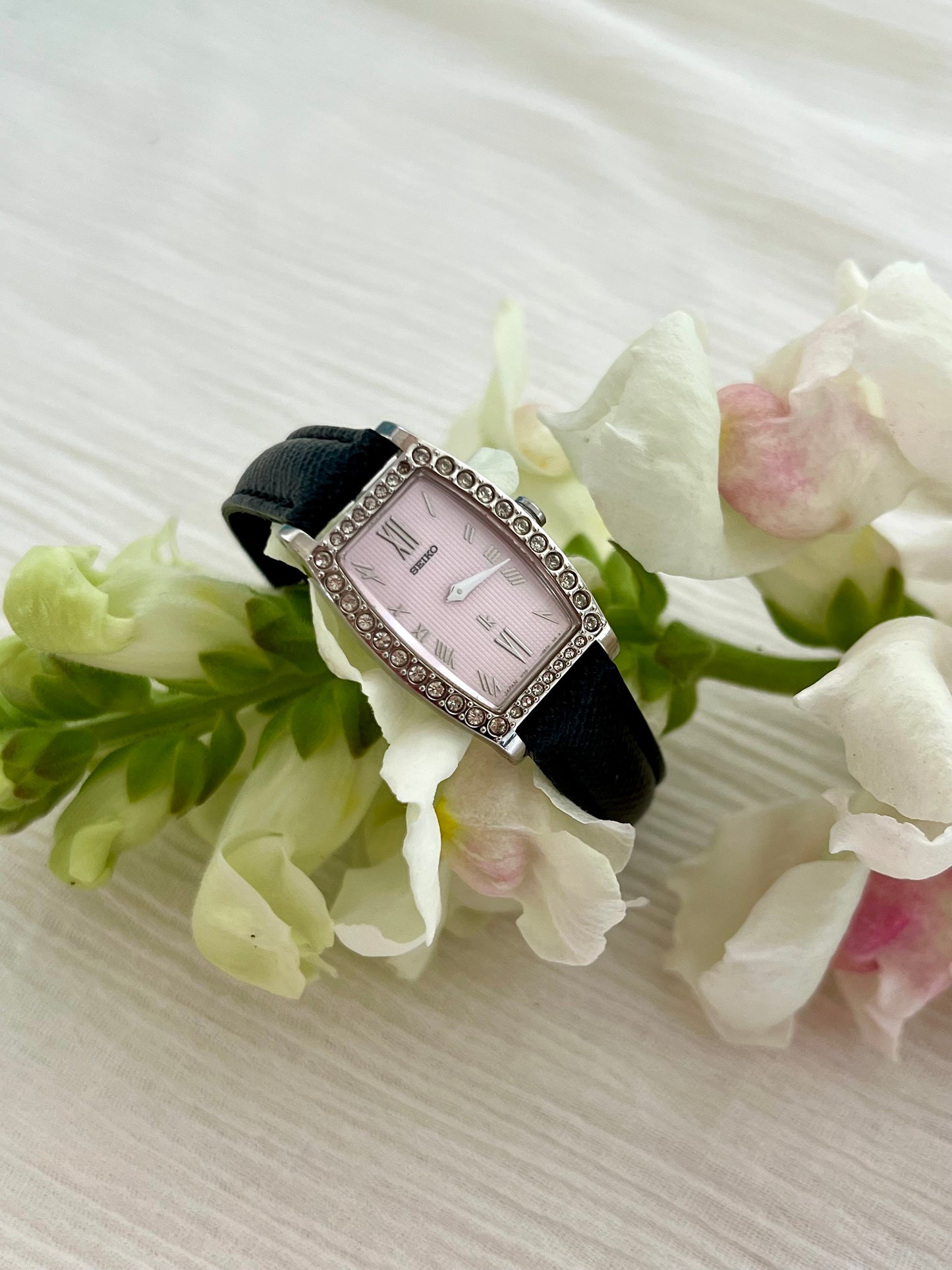 Seiko Lukia Ladies Tonneau Watch with Diamond Set Bezel and Textured Pink Dial Limited Edition