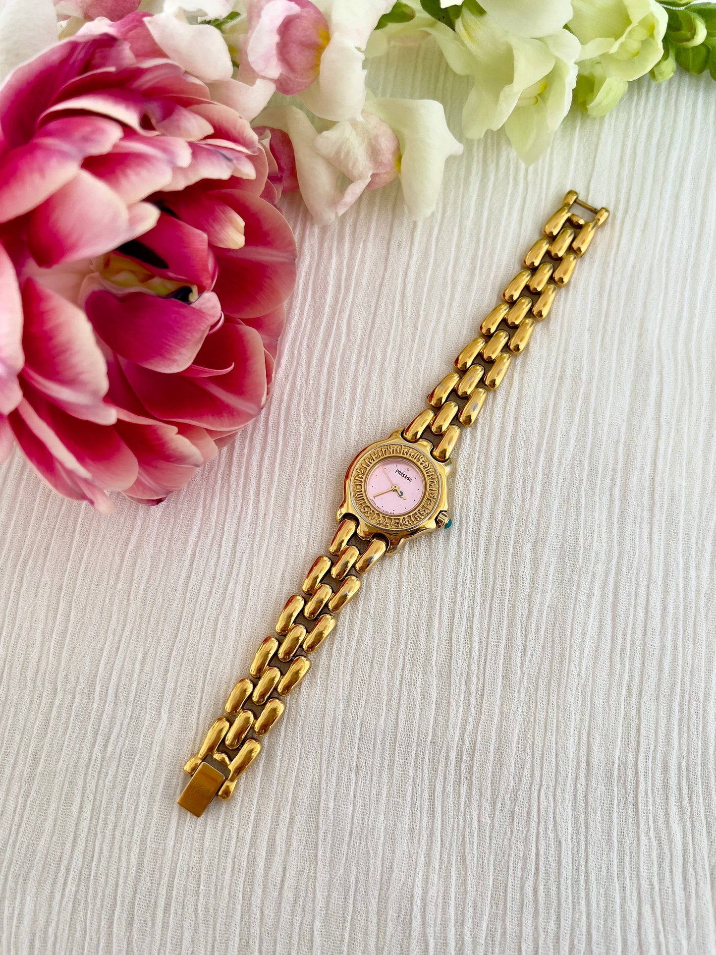Seiko Presage Ladies Gold Bracelet Watch with Pink Dial and Engraved Bezel