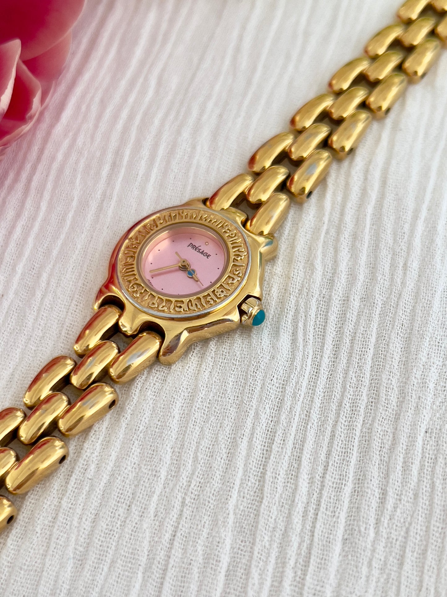 Seiko Presage Ladies Gold Bracelet Watch with Pink Dial and Engraved Bezel