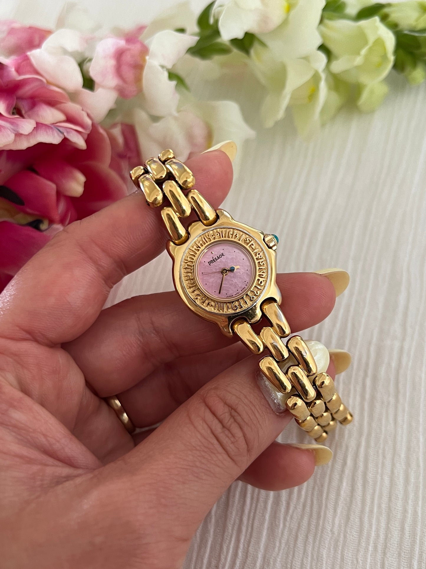 Seiko Presage Ladies Gold Bracelet Watch with Pink Dial and Engraved Bezel