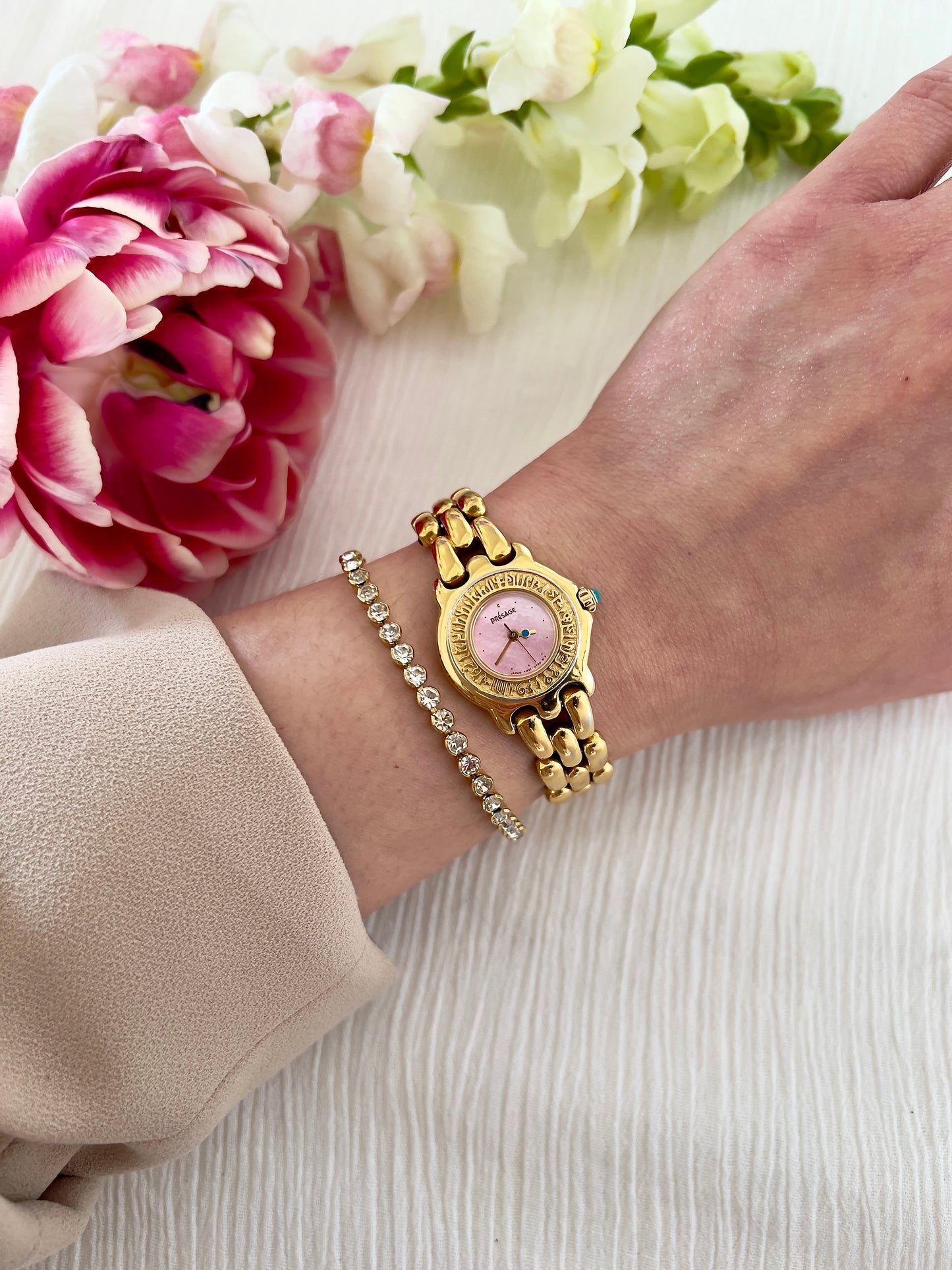 Seiko Presage Ladies Gold Bracelet Watch with Pink Dial and Engraved Bezel