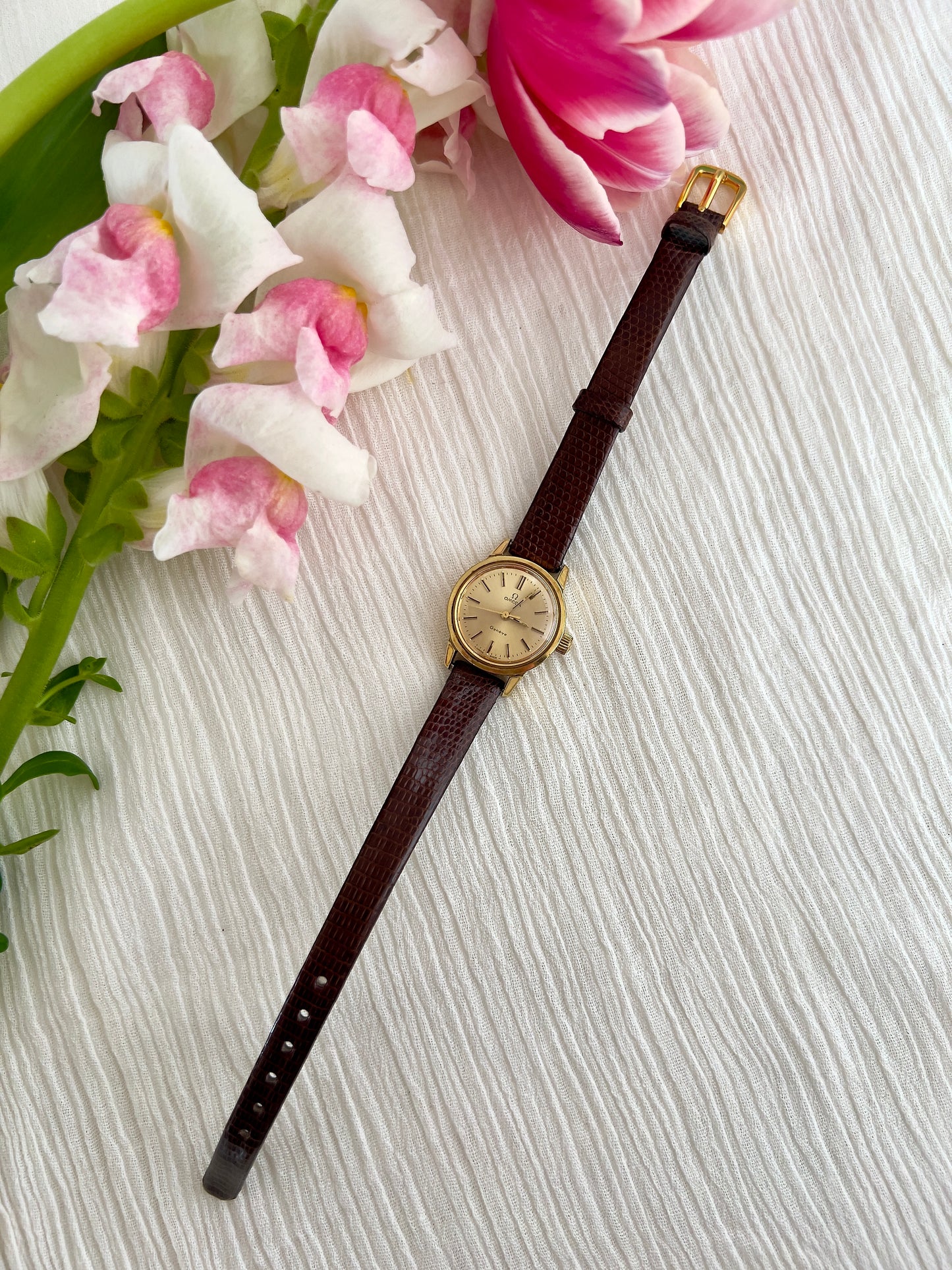 Omega Geneve Automatic Gold Ladies Watch with Champagne Sunburst Dial