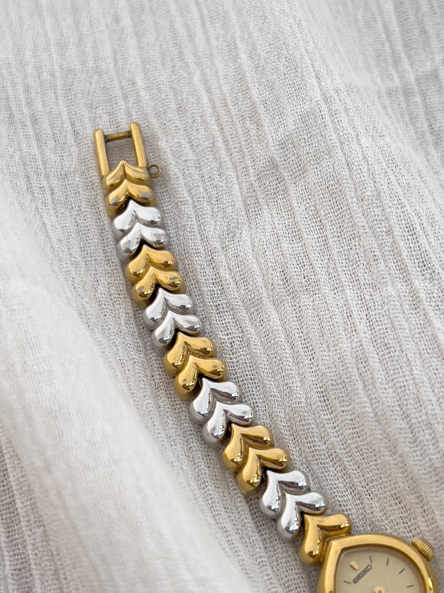 Seiko Gold-Tone Tear Drop Watch with Two-Tone Leaf-Link Bracelet