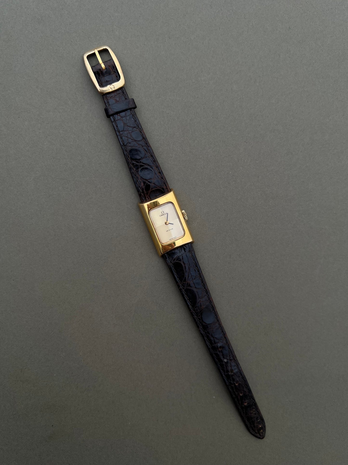 Omega De Ville Ladies Gold Rectangular Watch with Chequered Dial